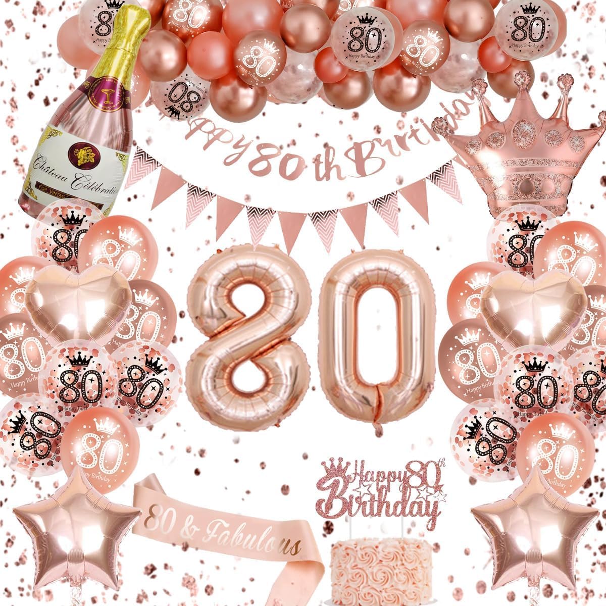 Omrel Rose Gold 80th Birthday Decoration for Women - Happy 80th Birthday Banner For Women, Triangle Flag Banner, Number 80th Birthday Balloons, Foil Curtains for Party Decorations
