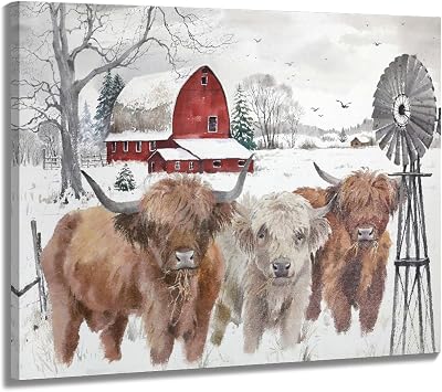 Farmhouse Winter Canvas Wall Art Highland Cow, Red Barn and Windmill Rustic Country Landscape Painting Artwork Wall Decor - Winter Scene Pictures Prints Decorations for Home Framed 20"x16"