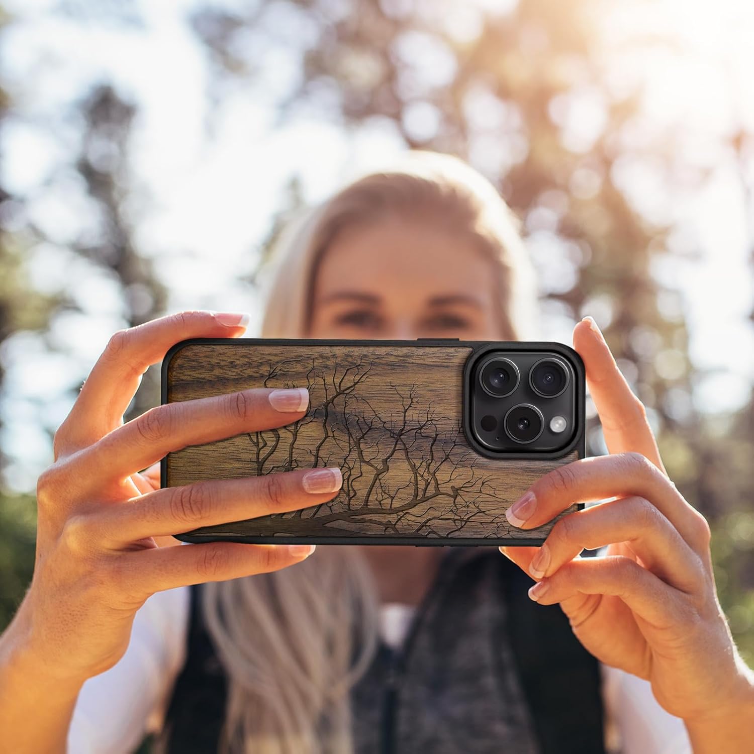 Carveit Magnetic Wooden Case for iPhone 16 Pro Max Case, Wood Artisan Engraved & Black Soft TPU Shockproof Cover, Compatible with MagSafe Wireless Chargers (Eternal Tree) Walnut