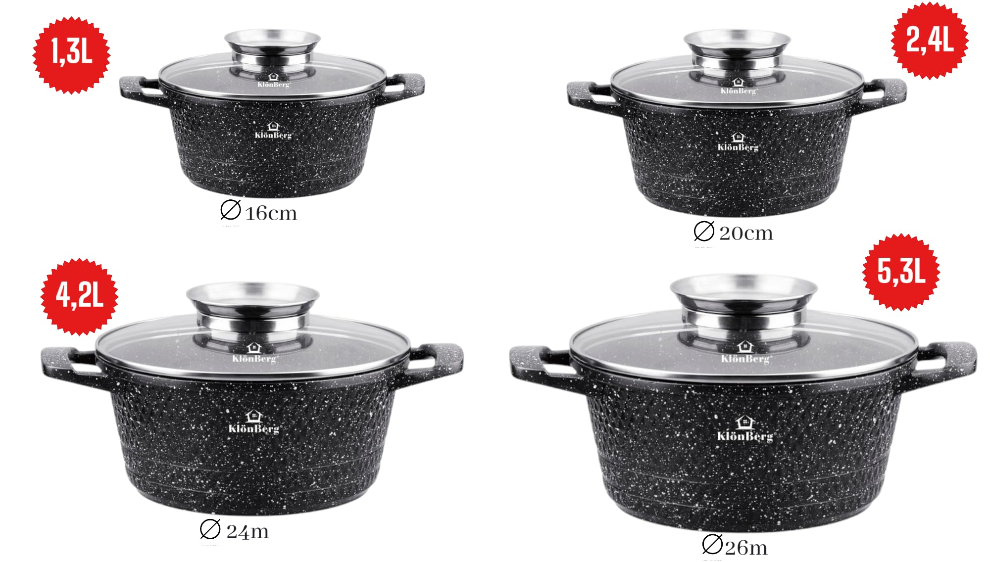 Lot de 8 casseroles avec revêtement marbré - Casserole avec couvercle - Revêtement antiadhésif - Induction - Idéal comme cadeau - Pour tous les types de plaques de cuisson - Série Diamant