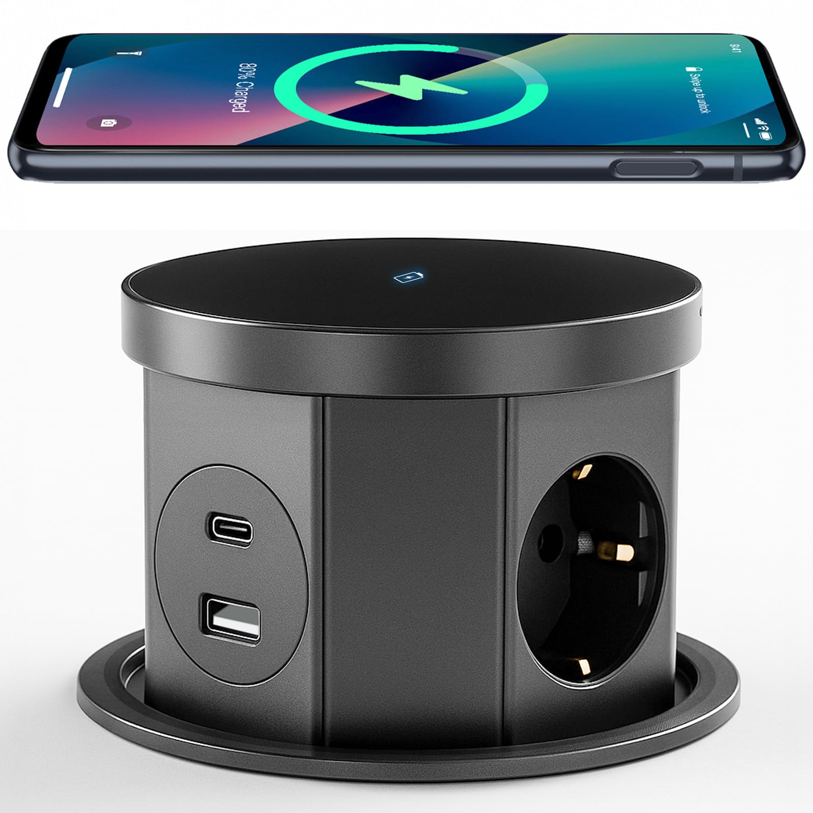 3 prese a scomparsa, con caricabatterie wireless da 15 W, 1 USB C, 1 USB-A, presa a scomparsa da cucina, cavo da 1,5 m, per ufficio, cucina, camera da letto, diametro 120 mm