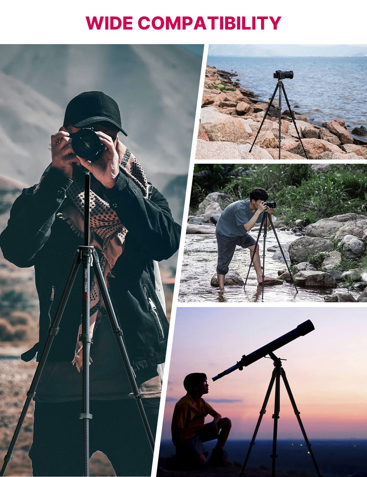 ULANZI Zero Y Trépied de Voyage en Carbone avec rotule panoramique à 360° et rlocation Rapide Arca, trépied photograhy avec Colonne Centrale Amovible, capacité de Charge de 18 kg pour Tous Les