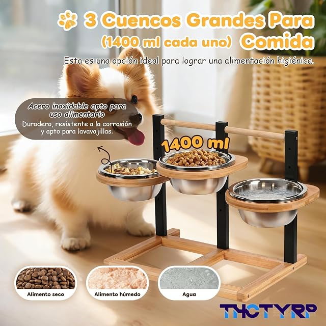 Foto 5 de 8 de THCTYRP Comedero de madera ajustable en altura, 5 niveles, con 3 cuencos de acero inoxidable de 1400 ml