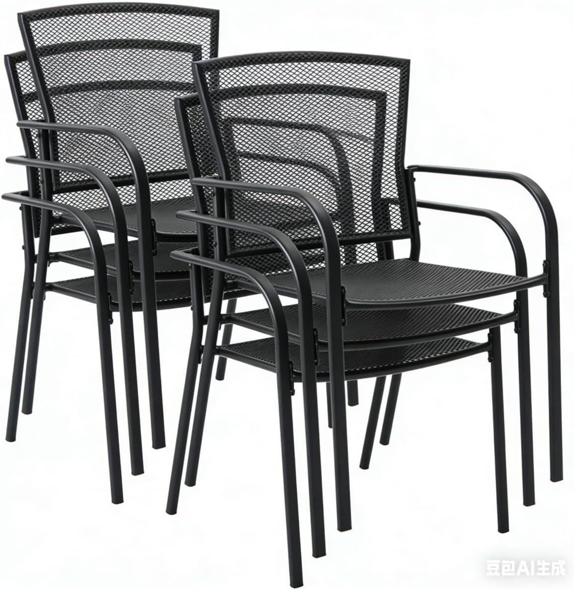 Stackable Black Patio Dining Chairs Set of 2 - Outdoor Meask Metal Bistro Chairs with Armrests, All Weather Patio Furniture for Garden, Backyard, Porch