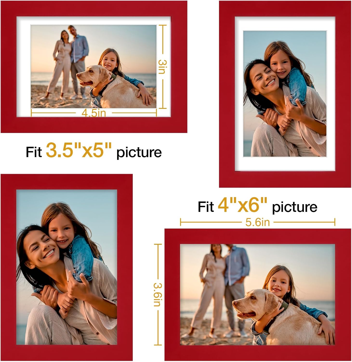 Vittanly 4x6 Picture Frame Set of 4, Display Pictures 3.5x5 with Mat or 4x6 without Mat, Small Photo Frames for Wall or Tabletop Display, Engineered Wood with Shatter Resistant Plexiglass, Red - Image 5