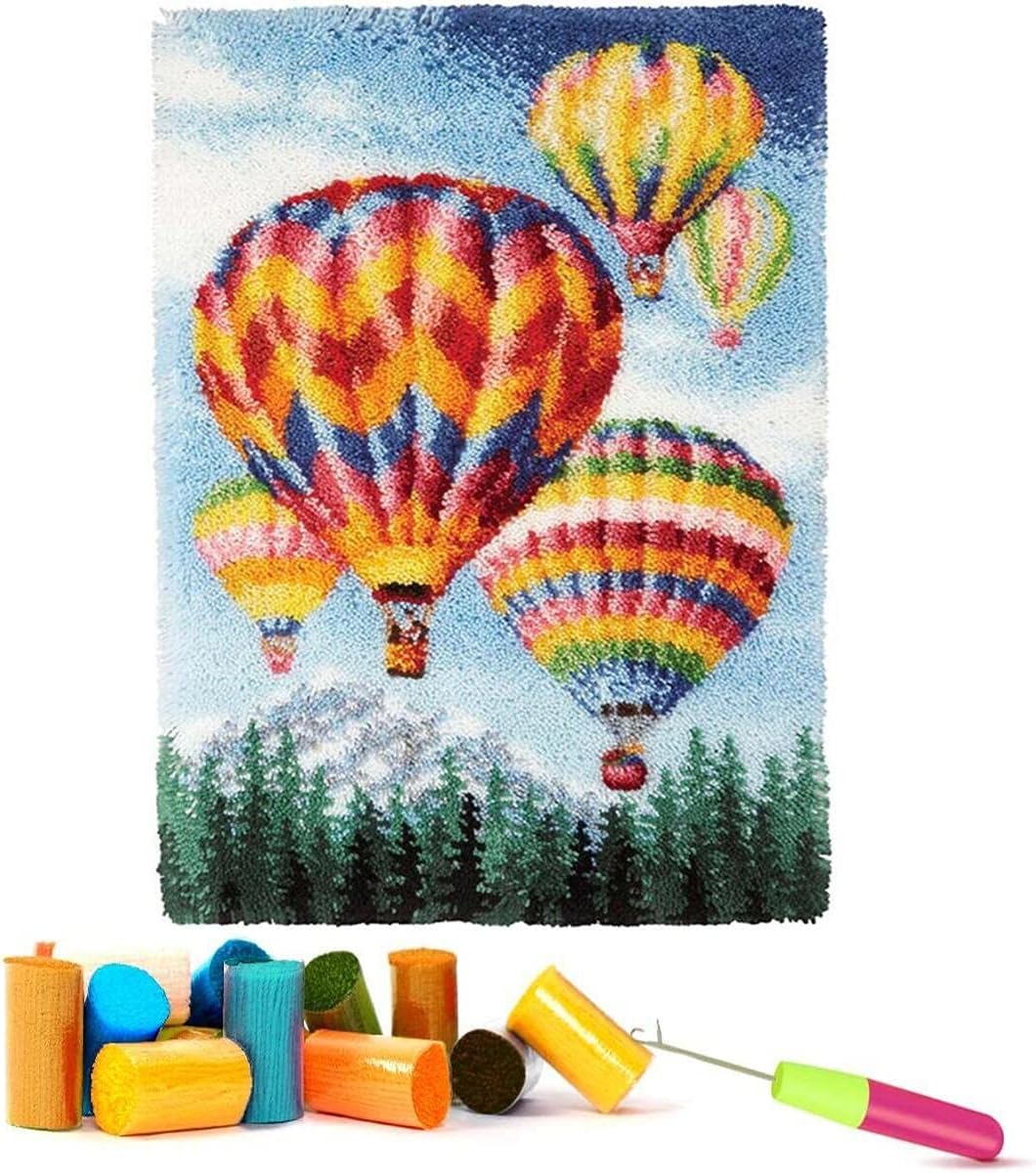EMISTEM Latch Hook Kits for Adults - DIY Latch Hook Rug Kits, Crochet Kit for Beginners, Rug Making Kits with Printed Canvas, Gift Packaging.(Colorful Hot Air Balloons, 20x15)