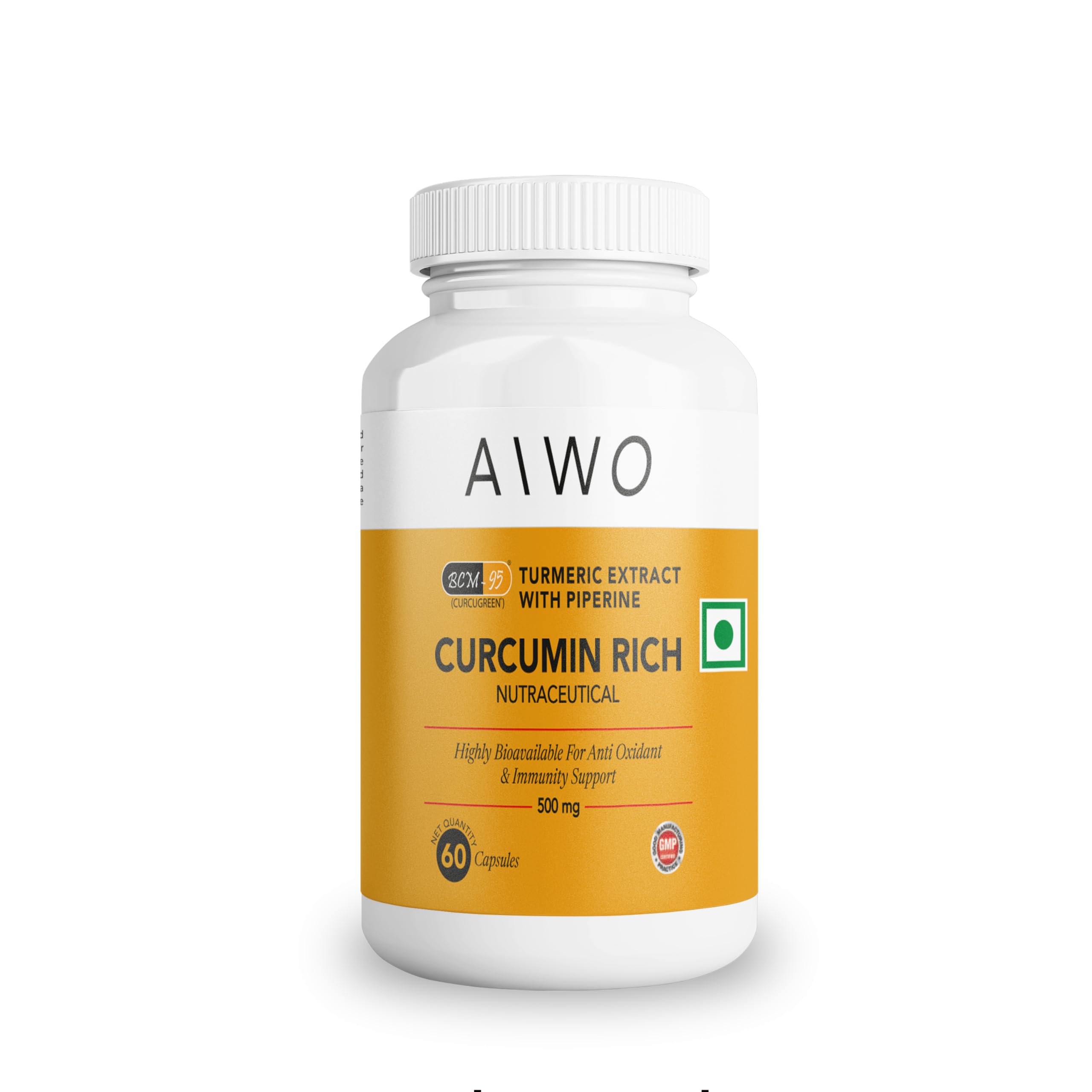AIWO Curcumin BCM-95® Capsules with Piperine | Highly Bioavailable Curcumin | Supports Joint, Bone, Immune & Daily Wellness | Vegetarian Supplement for Men & Women | Daily Use Formula | 60 Capsules