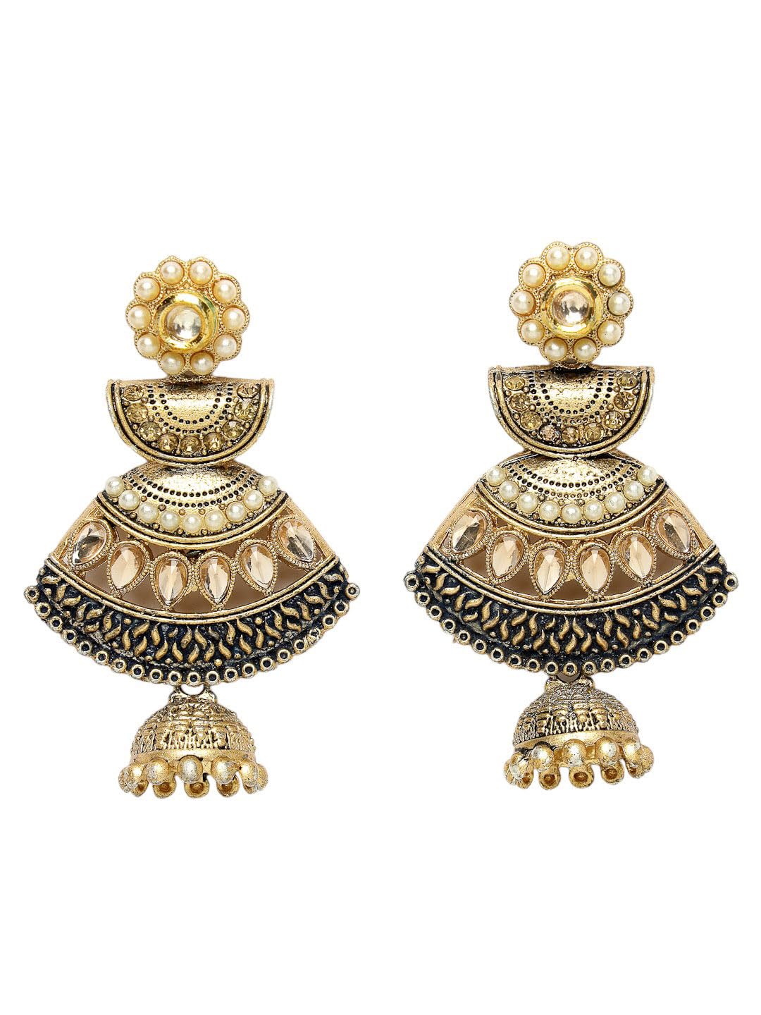 ADIVA Oxidised Silver-Plated Kundan Stone & Pearls Contemporary Jhumka Earrings