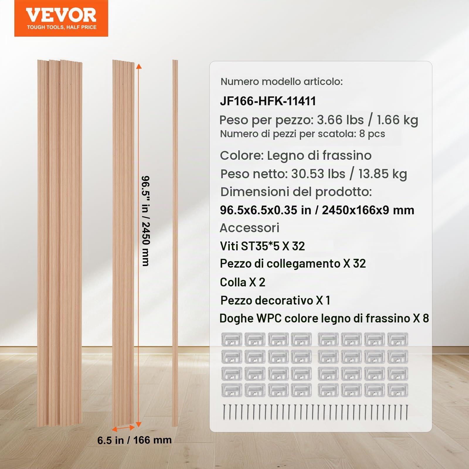 VEVOR Pannelli Acustici a Doghe in Legno di Frassino, 8 Pezzi Pannelli Parete in Legno WPC con Accento per Pareti, Pannelli da Parete Effetto Legno per Decorazioni e Ridurre Rumore 2450 x 166 x 9 mm