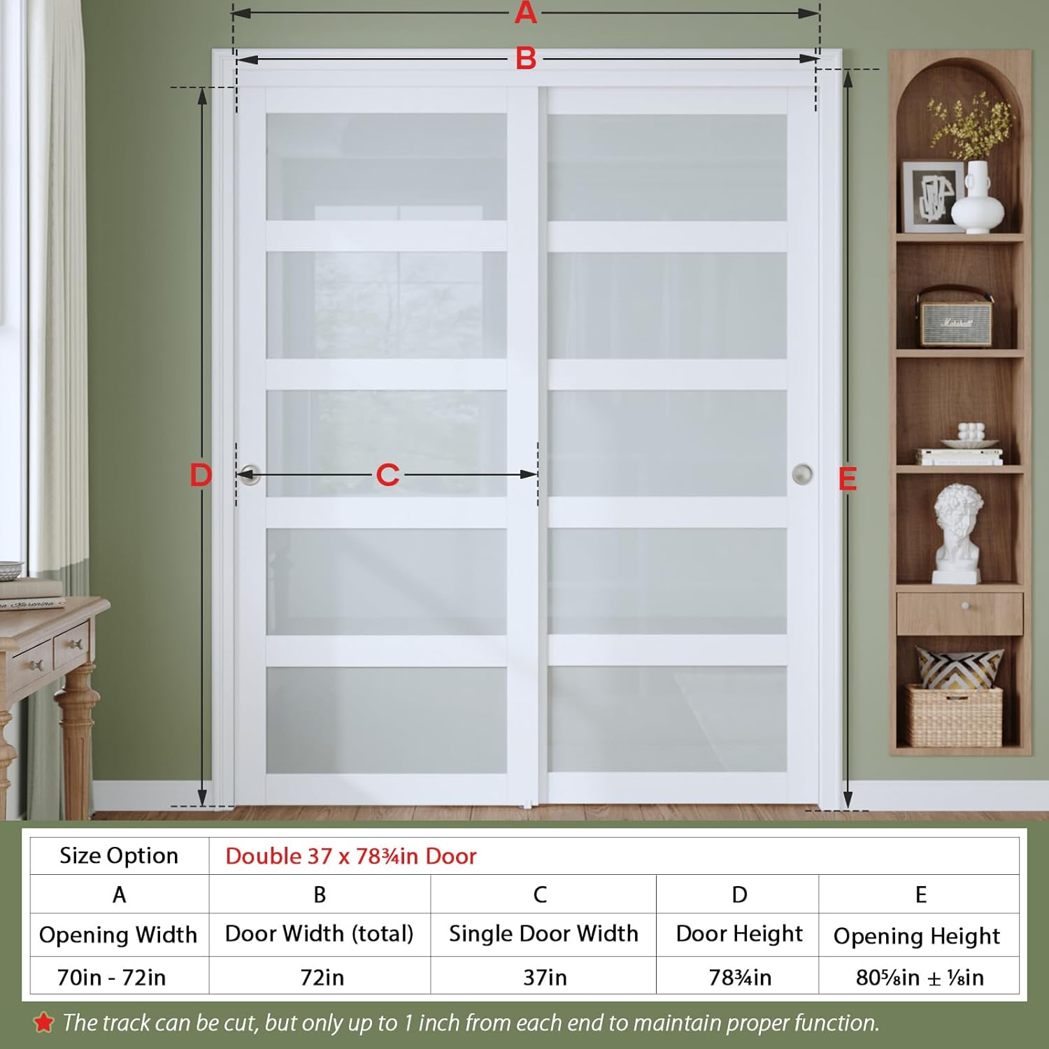 Finosen Bypass Sliding Closet Door Slab, 72 x 80 in (Double 37 inch), 5-Lite Frosted Glass, White Barn Door with Hardware Kit Included,Need to Assemble, MDF with PVC Surface