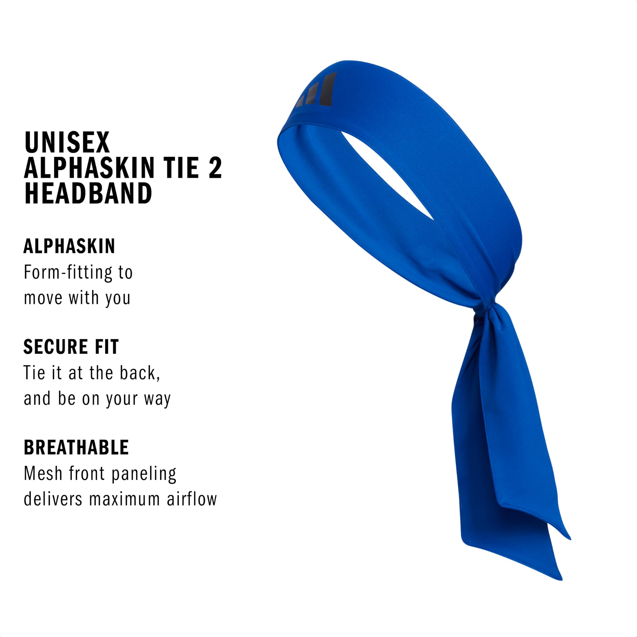 adidas Alphaskin Tie Workout Women and Men, Mesh Moisture-Wicking Sports Headbands for Girls and Boys, Collegiate Royal Blue/Black/2, One Size