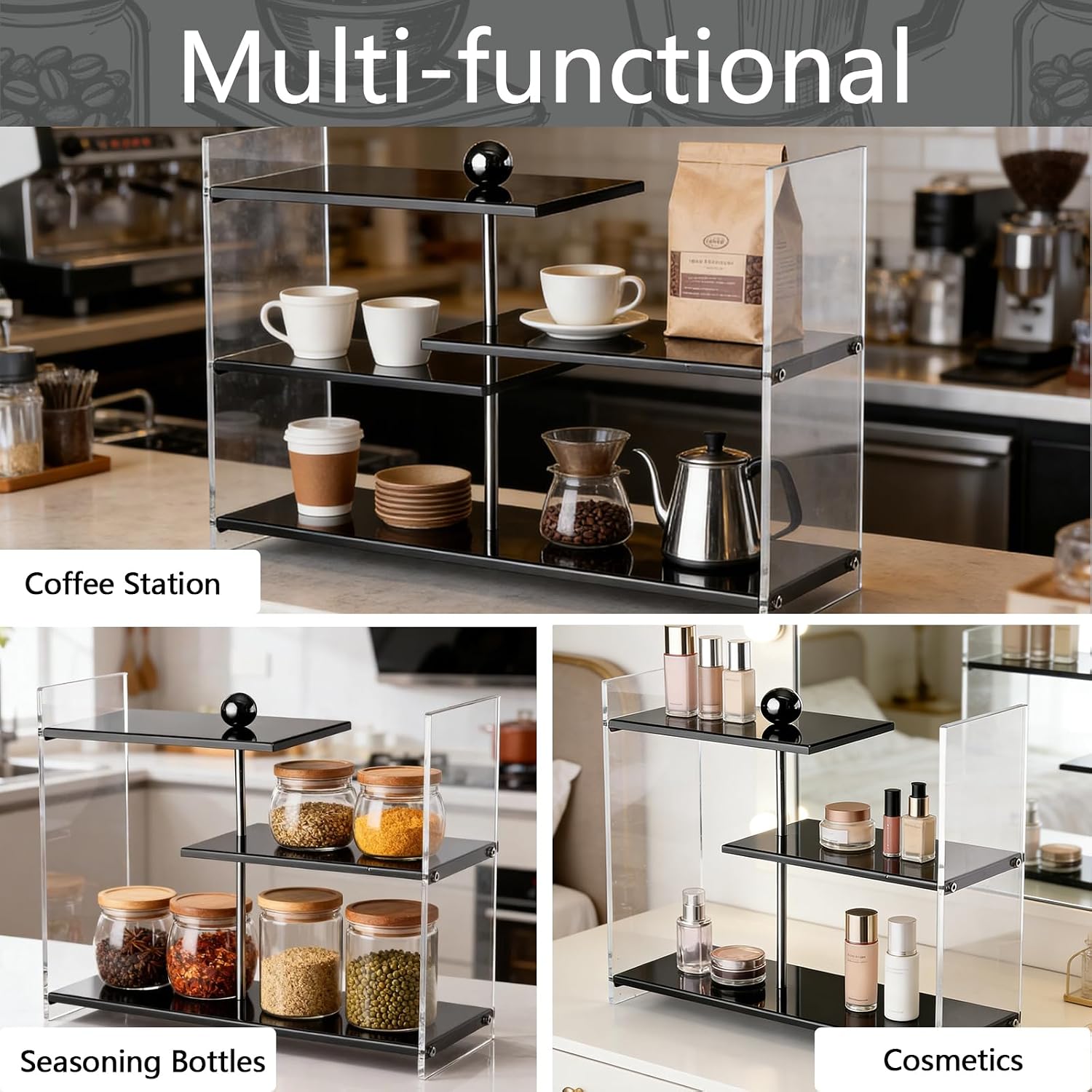Coffee Station Organizer for Countertop, 3 Tier Acrylic & Stainless Steel Shelf Desktop Display Stand, Multifunctional Kitchen Countertop Organizer for Accessories Mug Holder Spices Display (Silver) image 4