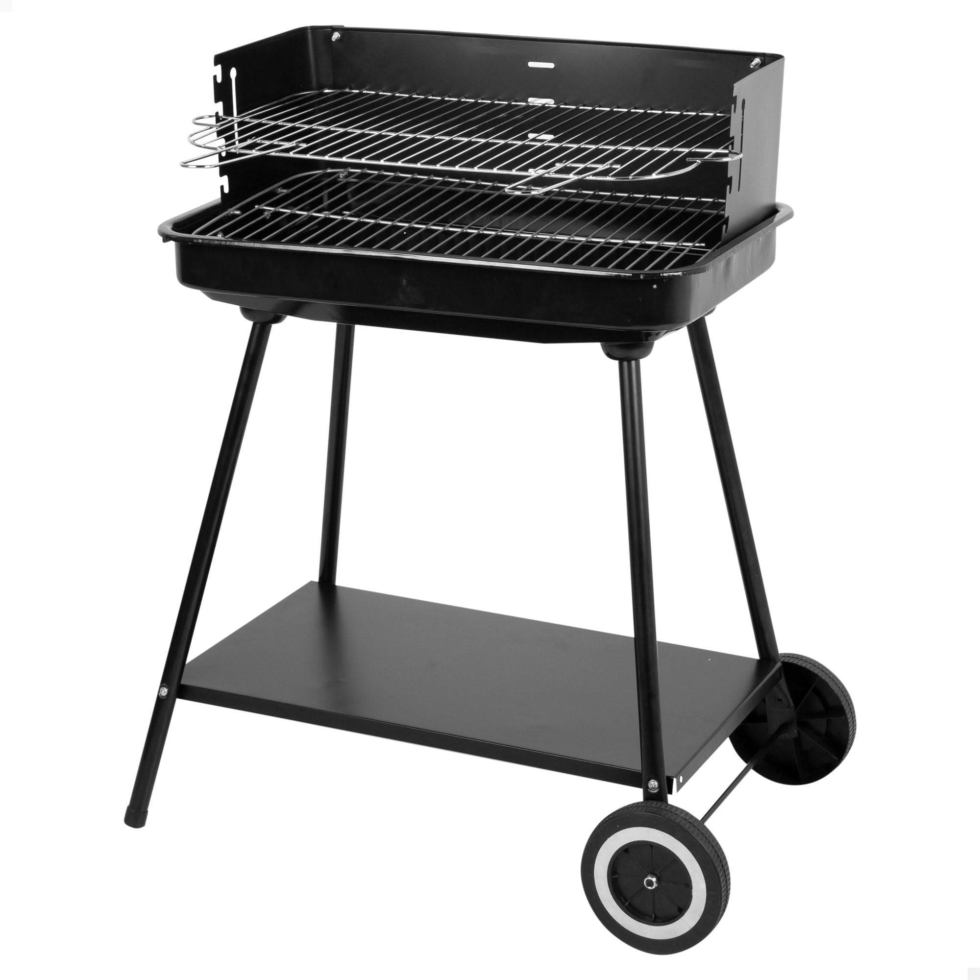 AKTIVE Przenośny grill węglowy, 55x43x82 cm, ze stali nierdzewnej i regulowana 4 wysokości grillowania, wiatroszczelne ściany boczne, taca pomocnicza, 2 koła, uchwyt do przenoszenia (63108)