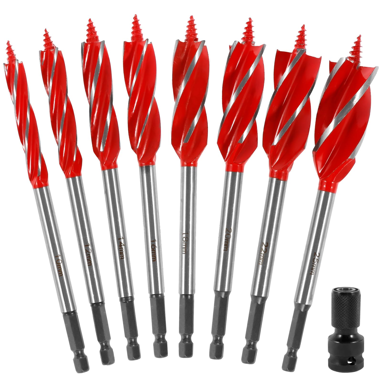 OWTWCNL 8Pcs Wood Auger Drill Bit Set, High Carbon Steel, 10/12/14/16/18/20/22/25mm, 1/4in Hex Shank, 4-Flute Spiral, Split Point, Suitable for