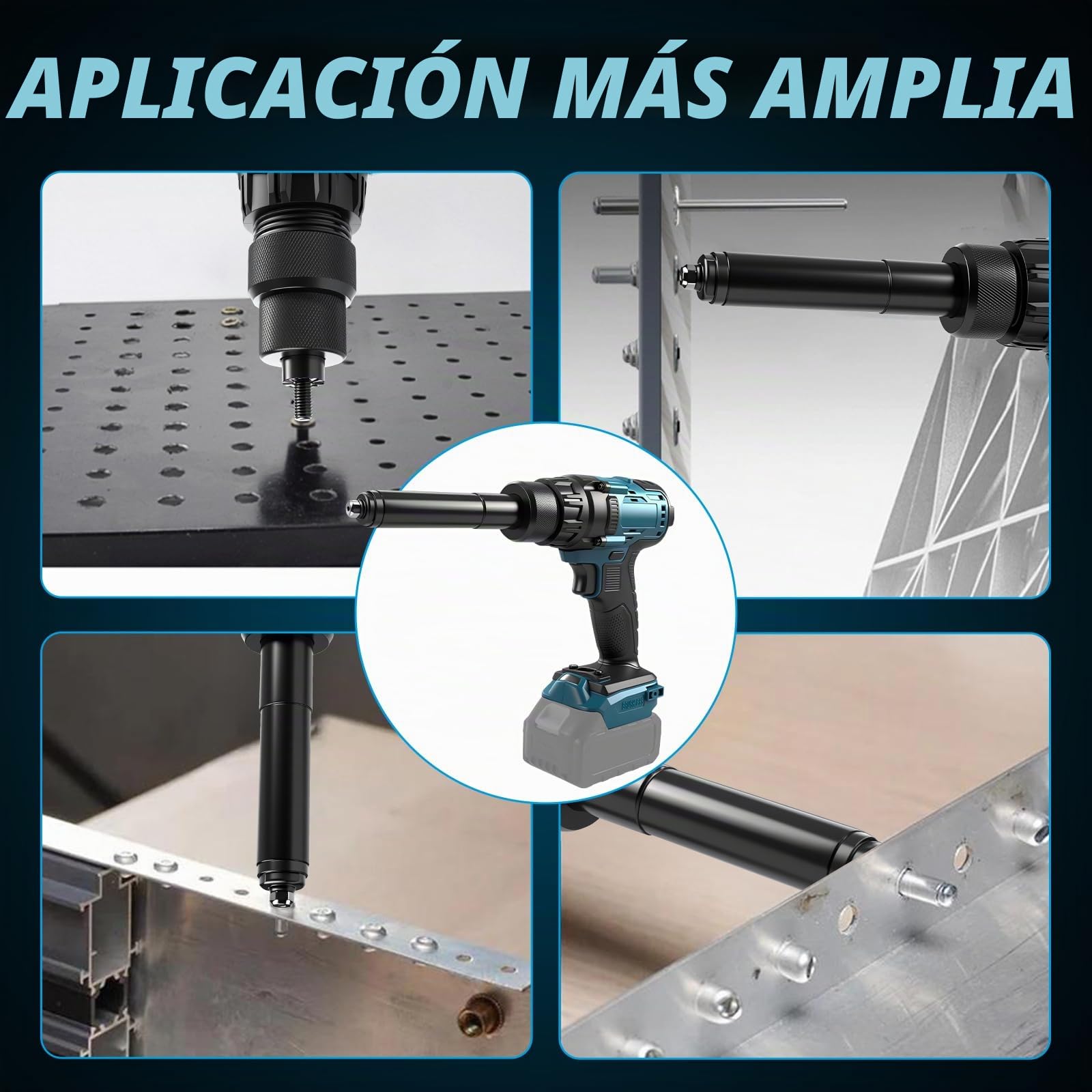Remachadora y tuercas pistola a batería en 1 para Makita 18V (sin batería) | Pistola remachables eléctrica portátil, con tuercas M3, M4, M5, M6, M8, M10, M12, 4 adaptadores y luz LED