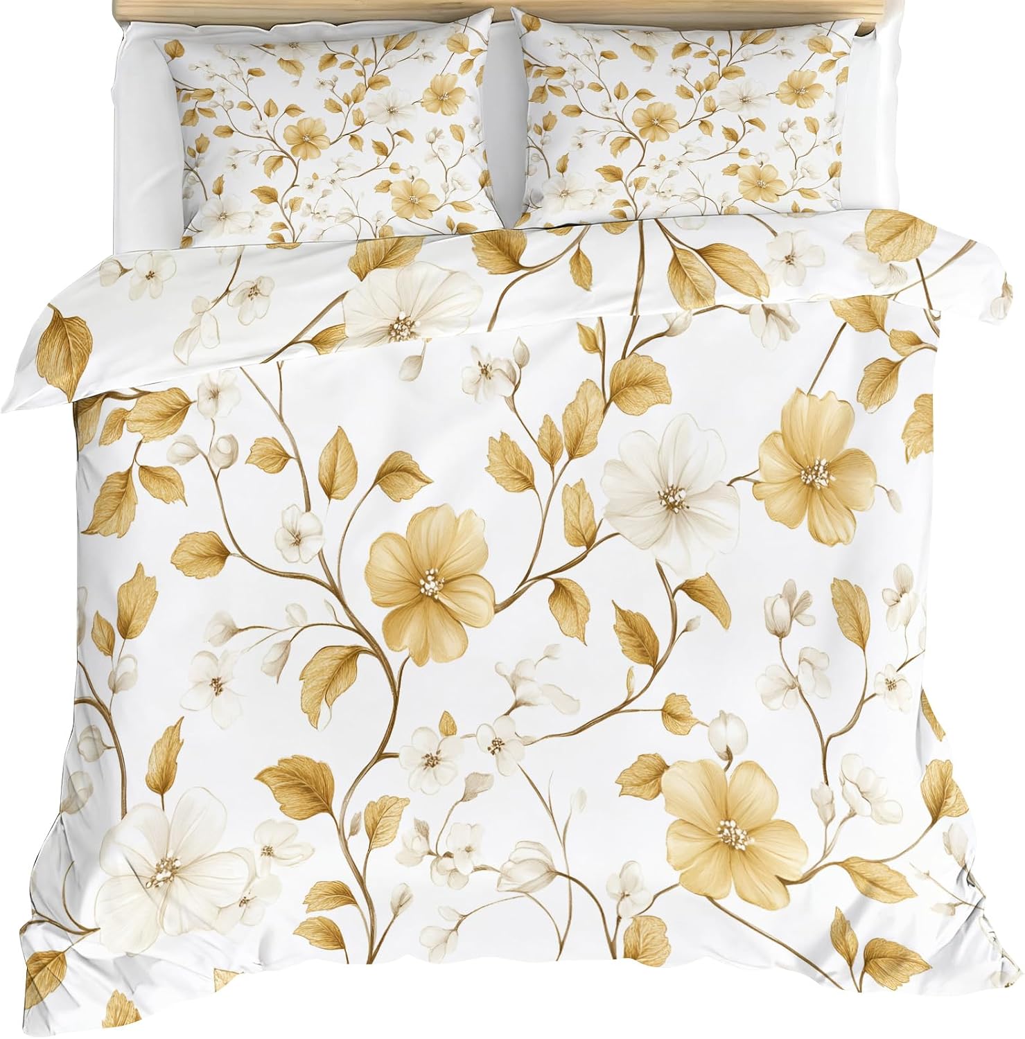 Flower Duvet Cover, Beige Bedding Set Cover for Kids Boys Girls Teens, Reversible Vintage Duvet Cover with Zipper Closure and 2 Pillow Shams, Twin Size 68"x90"