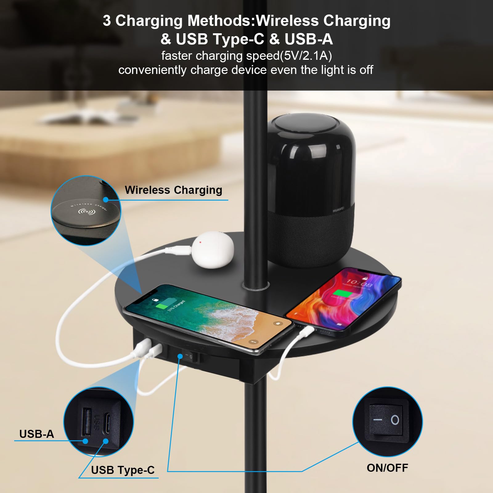 Lámpara De Pie Moderna Con Cajón, Estante, Carga Inalámbrica y 2 Puertos USB - Interruptor Pulsador y Pantalla Para Salón, Dormitorio y Oficina