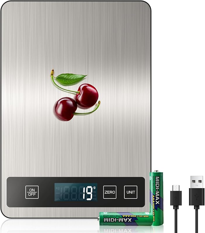 【33 lb y recargable por USB】 Báscula digital de cocina para alimentos, peso digital en gramos y onzas de acero inoxidable, horneado y cocción, precisión de 0,1 oz/1 g, 6 unidades de peso (B1)