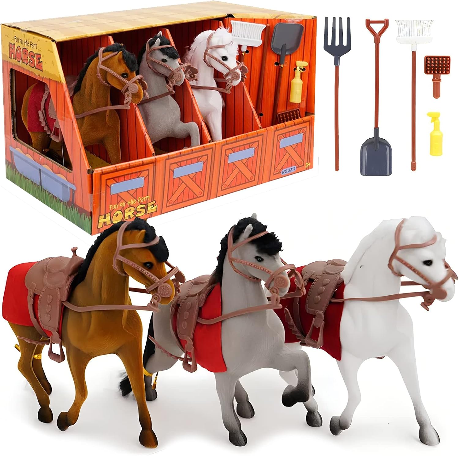 Liberty Imports 3 Flocked Horse Figures Equestrian Stable Barn Kids Toy Pretend Playset with Take-Along Storage Box, Farm Tools, and Accessories