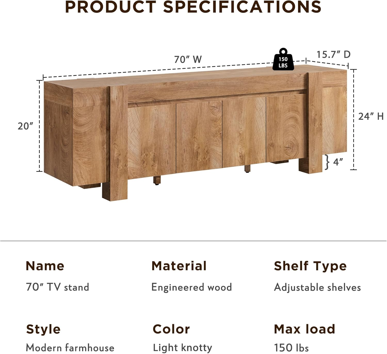 OKD Modern Farmhouse TV Stand, 70" Long Media Console Table with Storage Cabinet, Wooden Entertainment Center for Living Room, Light Knotty