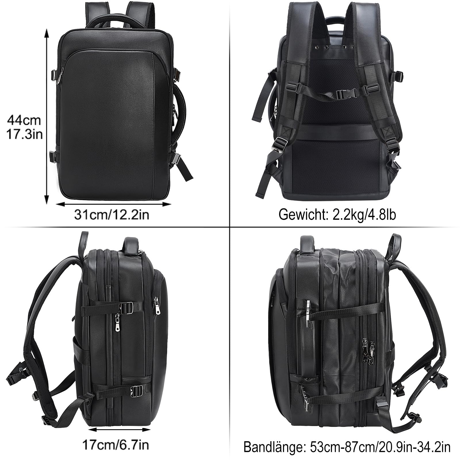 TIDING Mochila de Viaje para Hombre de Cuero Genuino con Compartimento para Portatil 15.6 Pulgadas Gran Capacidad Ampliable 36L Profesional para Negocios y Oficina
