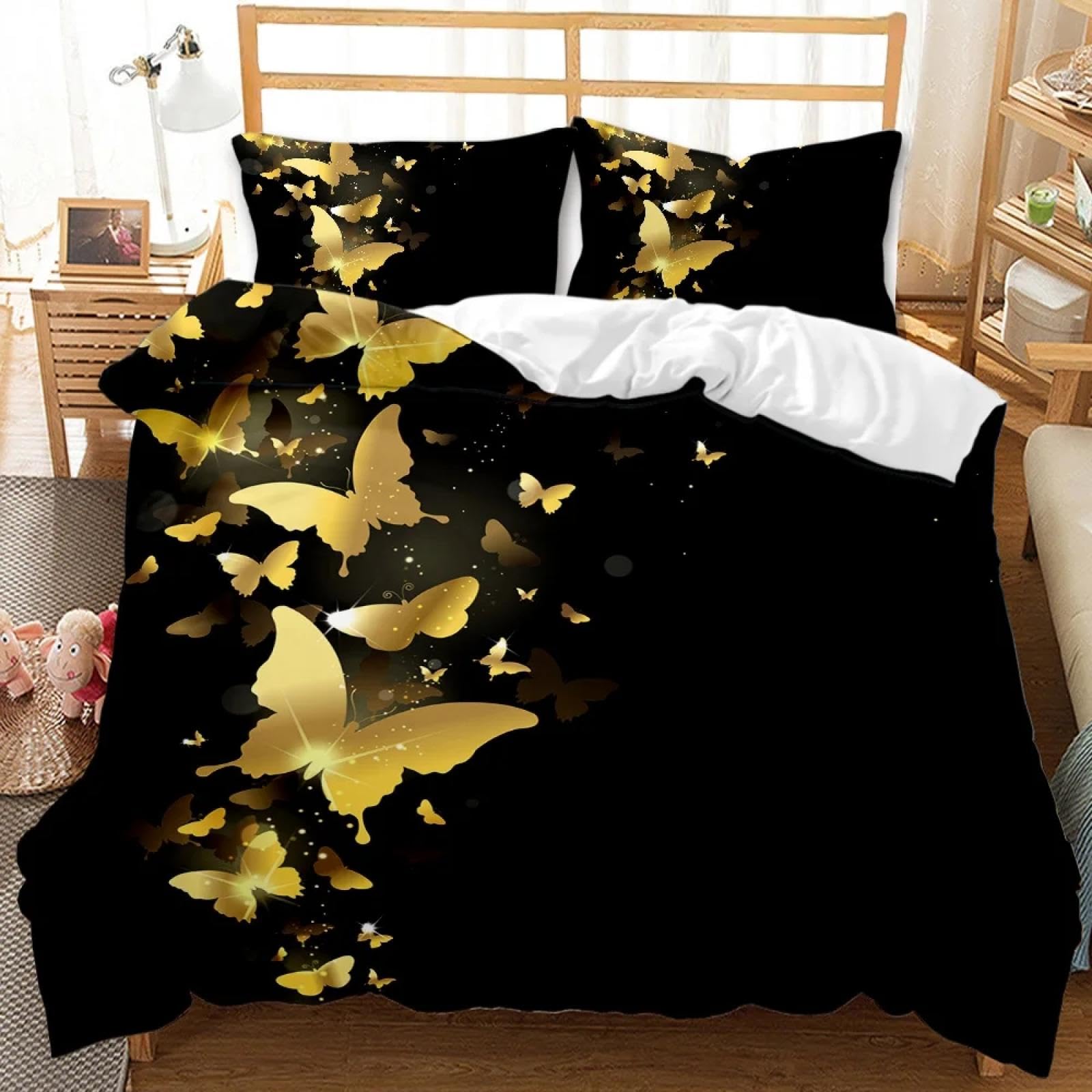 Parure de lit papillon drap noir housse de couette moderne 200x250 cm taie 40x80 cm