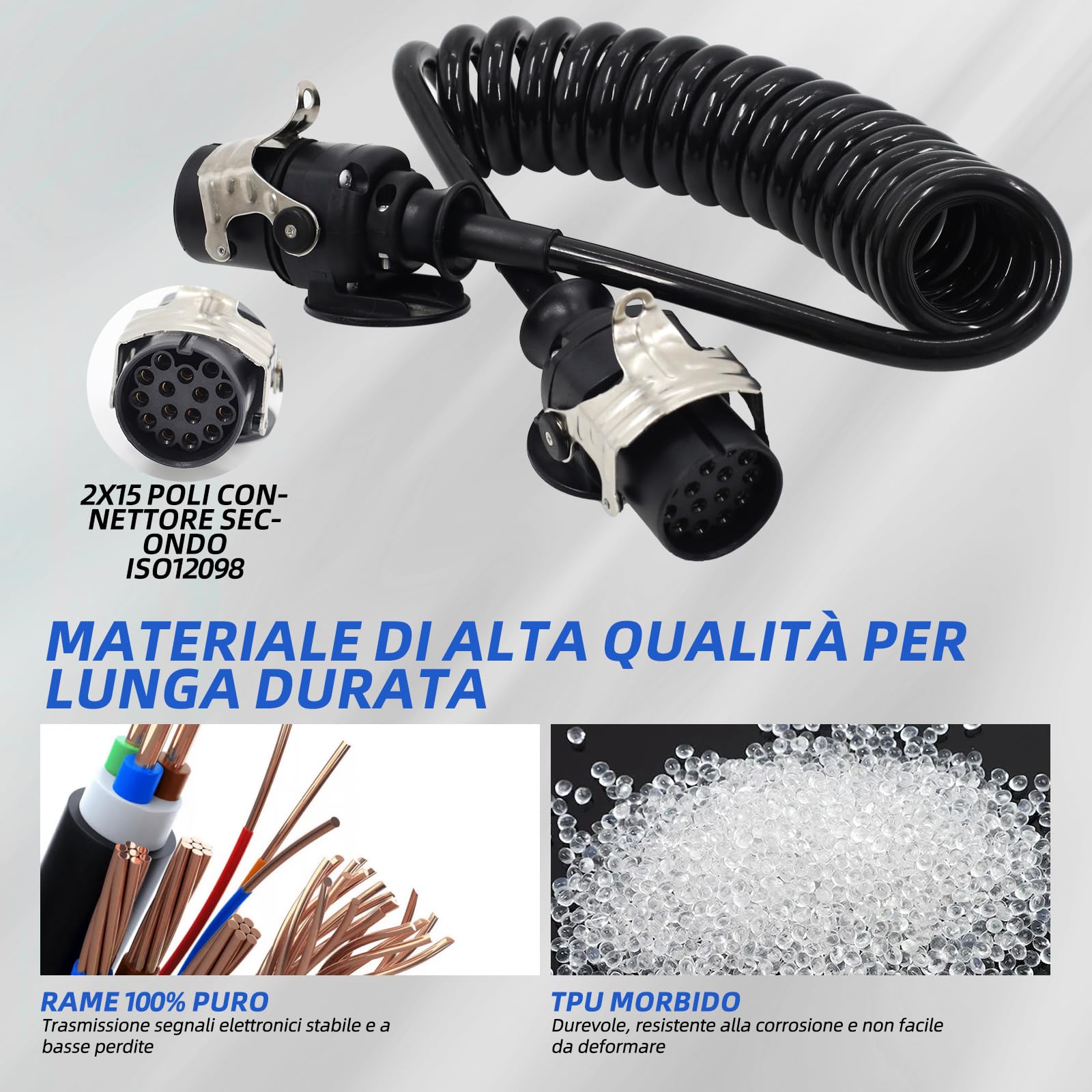 Avvolgicavo da 24 V, 15 poli, 3,8 m, per rimorchi camion pesanti, veicoli commerciali, semirimorchi, cavo adattatore specifico a 15 poli