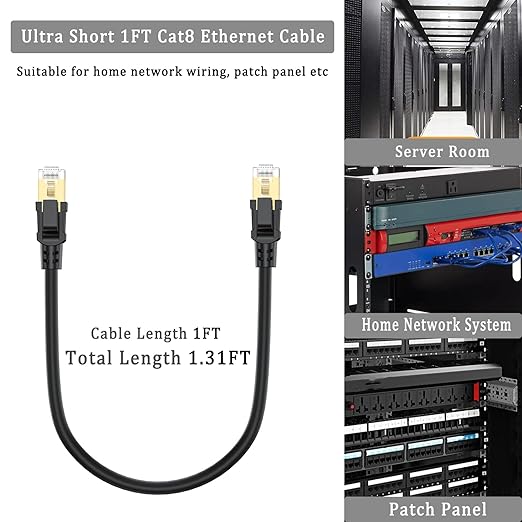 Cable Ethernet Cat8 1ft, 2 Unidades, 40Gbps 2000Mhz, RJ45, Negro miniatura 2