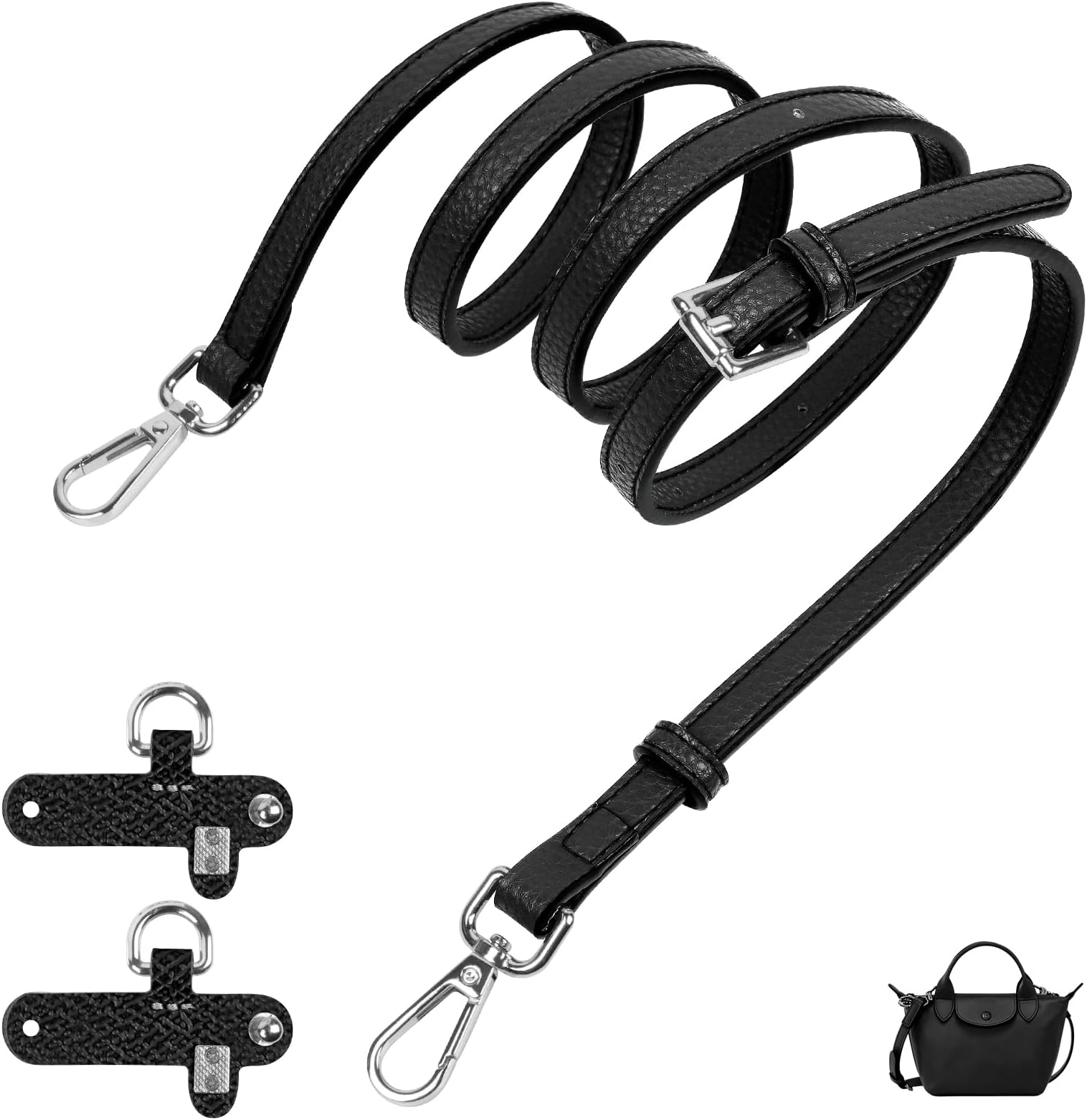 Aucuu Leather Strap for Longchamp Bags, Mini Bag Strap for Longchamp, Handbags Straps, Leather Handbag Strap, Punch-Free Adjustable Buckle Design Suit for Longchamp Mini Bag - Leather Black