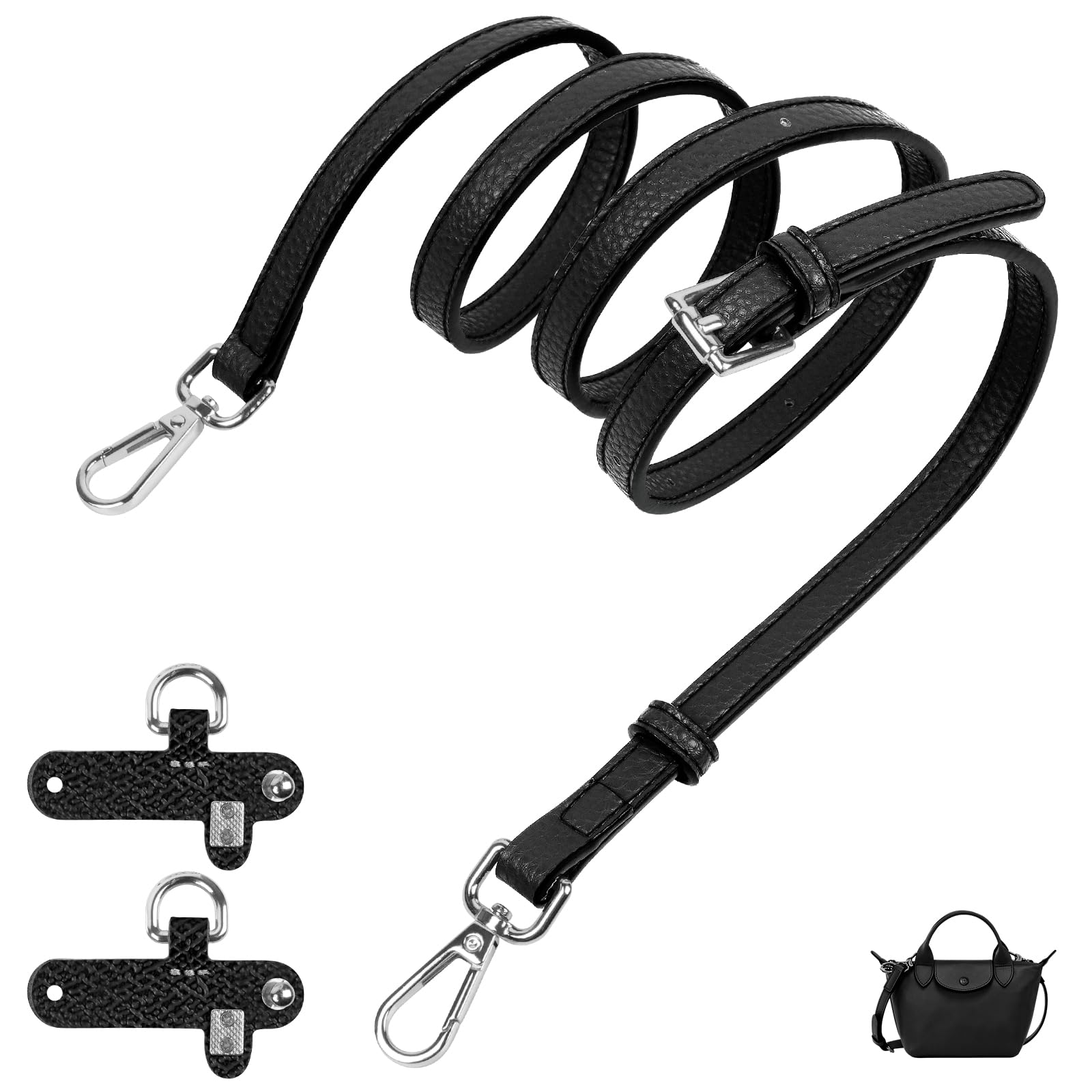Leather Strap for Longchamp Bags, Mini Bag Strap for Longchamp, Handbags Straps, Leather Handbag Strap, Punch-Free Adjustable Buckle Design Suit for Longchamp Mini Bag - Leather Black