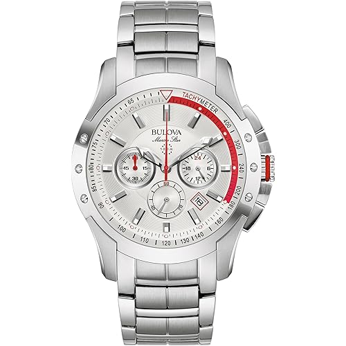Bulova Men's Marine Star 6 Hand Chronograph Quartz Stainless Steel Watch, Silver White Dial (Model:96B383)