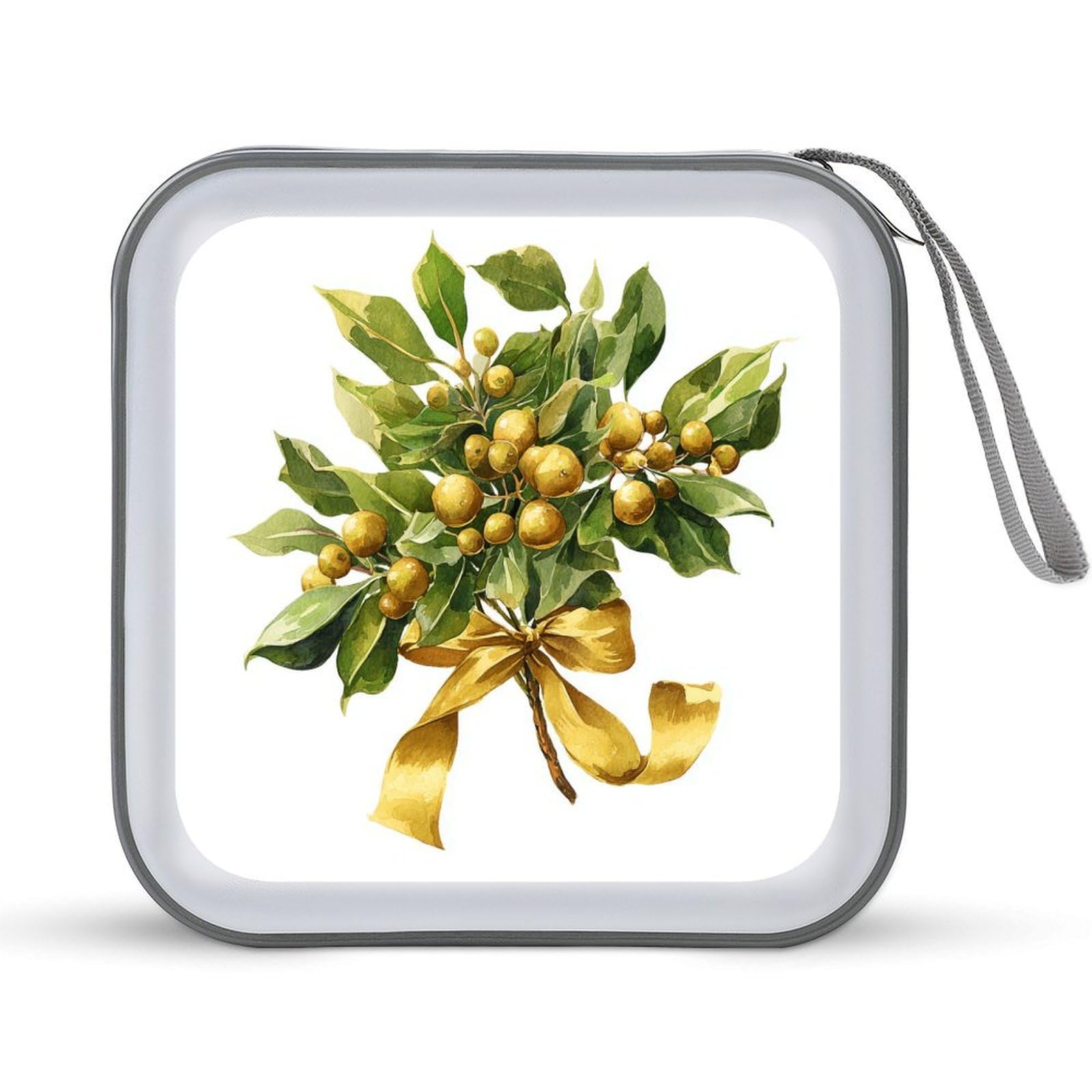 Jubonexis White Gold Christmas Mistletoe With Ribbon Cd Case Dvd Storage Case Portable For Car Home Travel