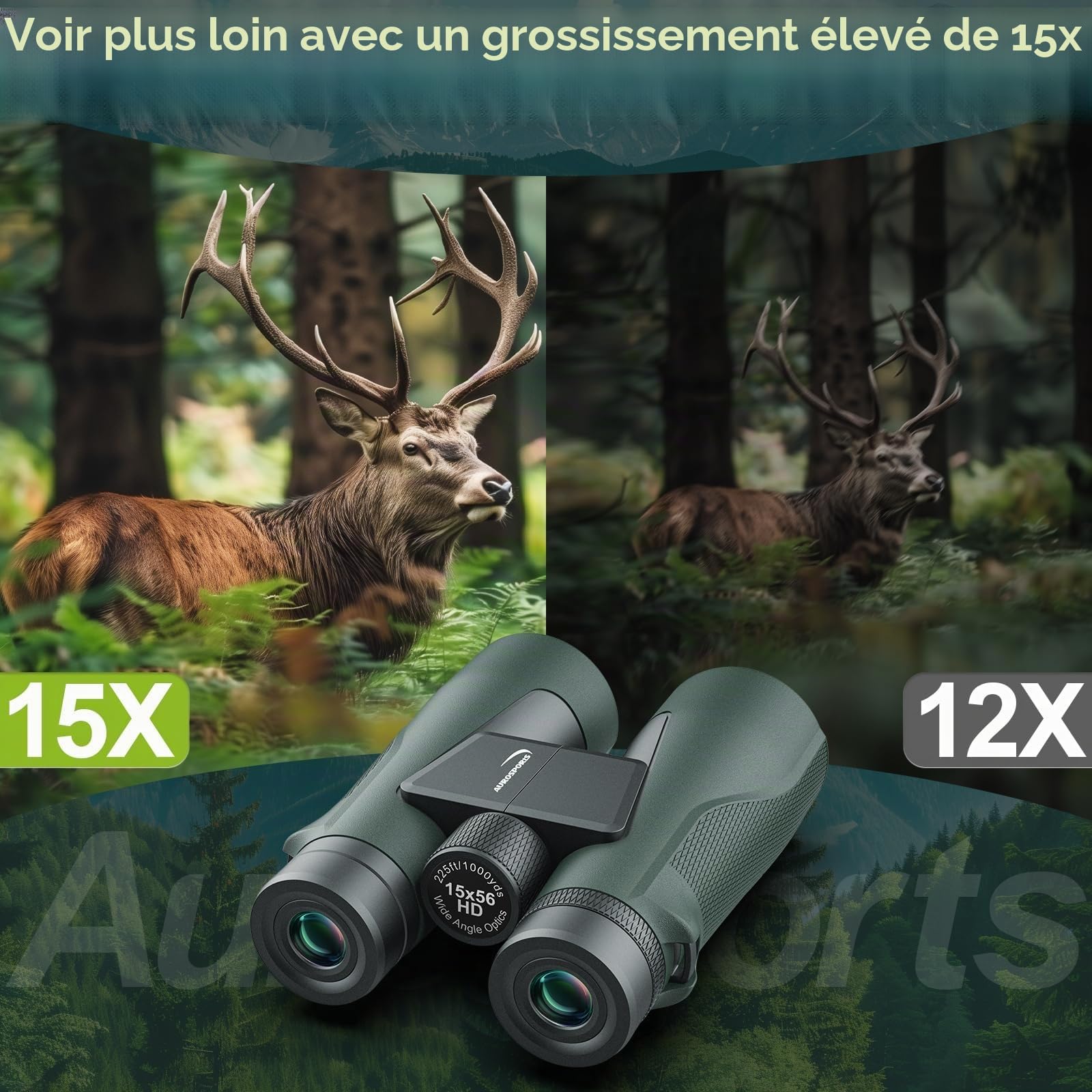 Jumelles 15 x 56 pour Adultes Haute Puissance – Jumelles Aurosports HD avec Vision Claire en Faible luminosité – Légères et faciles à Mettre au Point pour l'observation des Oiseaux, la Chasse, la