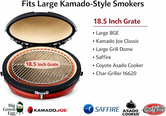Stainless Steel Barbecue Cooking Grid Grate w/Hinged Access Door for Kamado Grill Large Big Green Egg Kamado Joe Classic Pit Boss K22 Louisiana K22 Ceramic Grills Using 18.5 inch round cooking grate