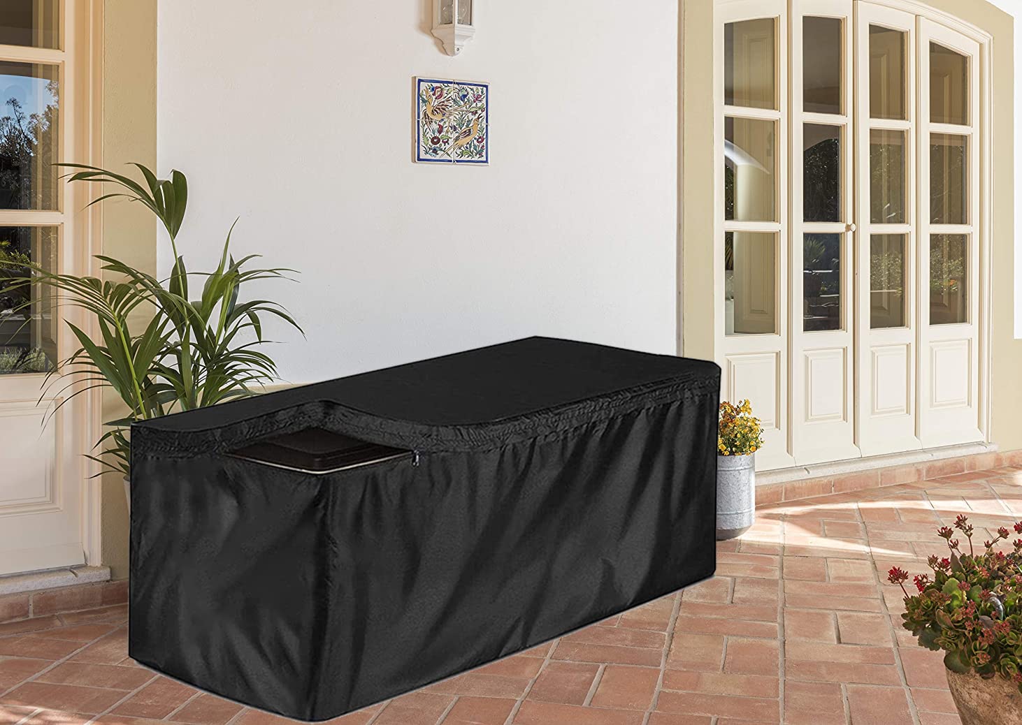 Housse de coffre de terrasse robuste en imperméable pour banc d'extérieur Housse de protection pour meubles de jardin, table ottoman, housse anti-poussière (Taille S : 122 x 61 x 55,9 cm, noir)