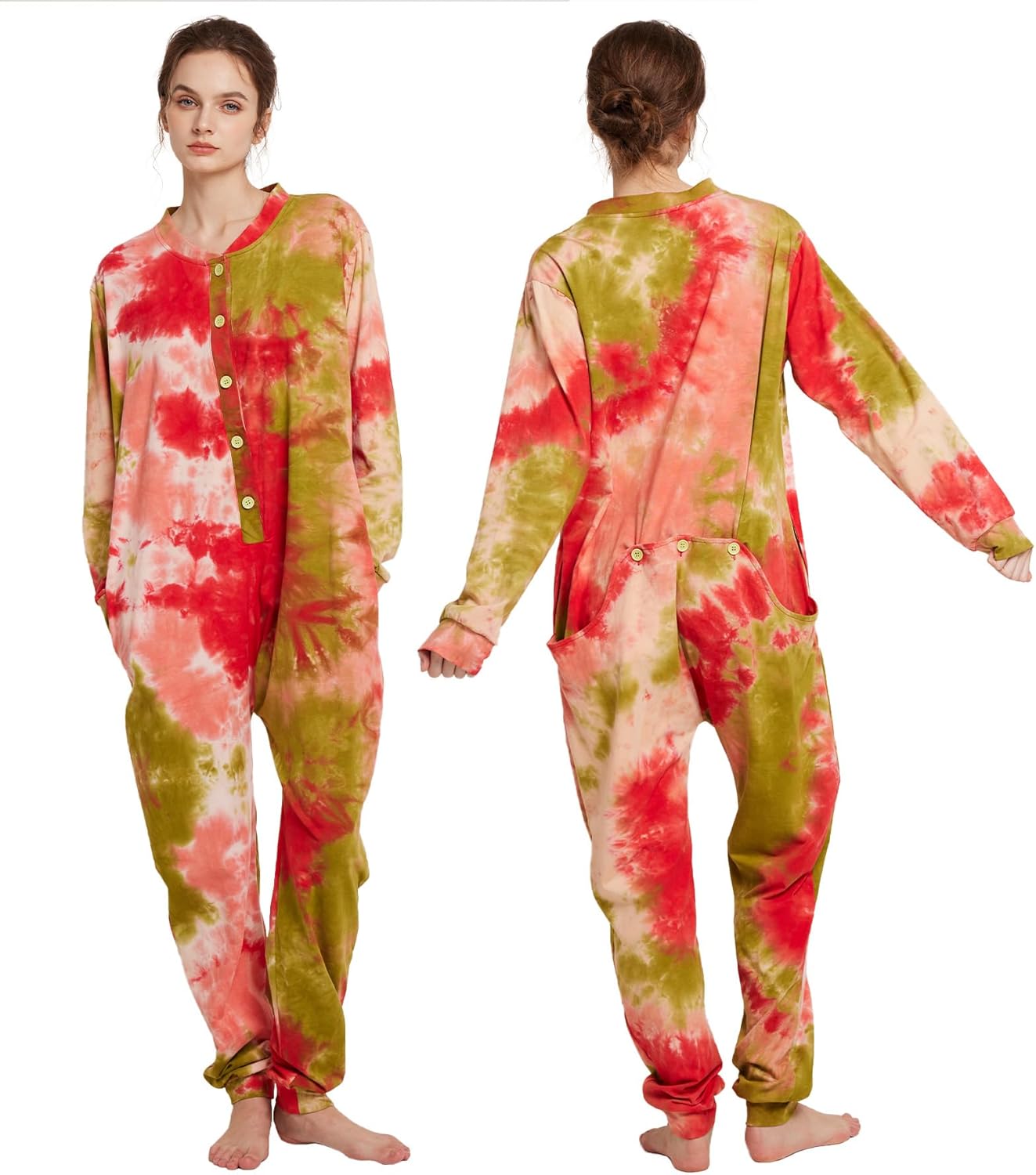 Kgromfy Comfy Onesie Pajamas for Women Tie Dye Sleepwear One Piece with Drop Seat Butt Flap Homewear Jumpsuit - Image 2