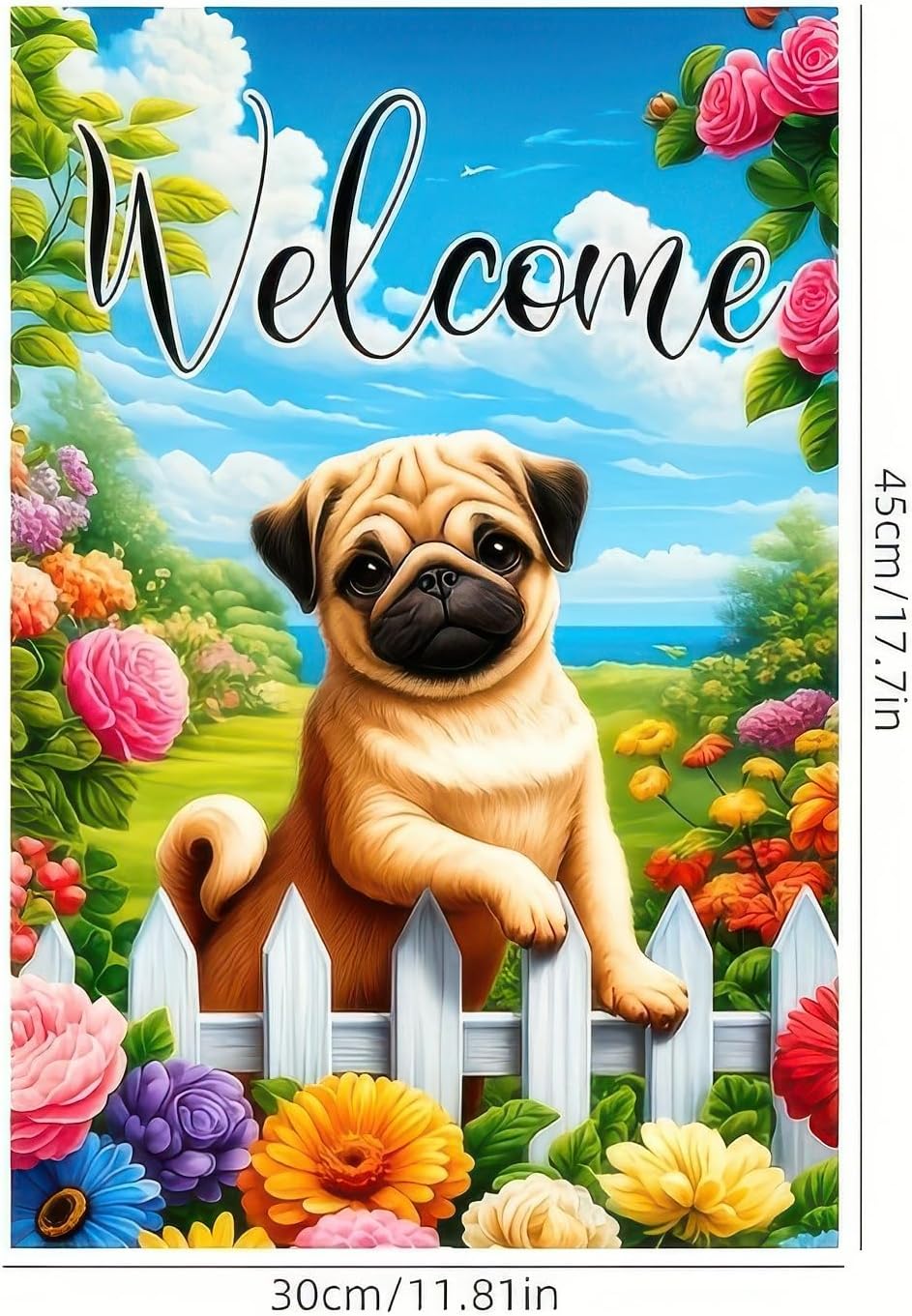 Welcome Garden Flag Spring Summer Dog Garden Flag 12x18 Inch Double Sided Cute Pug Puppy Flags Floral Fence Outdoor Yard Lawn Porch Patio Home Decor Banner - Image 3