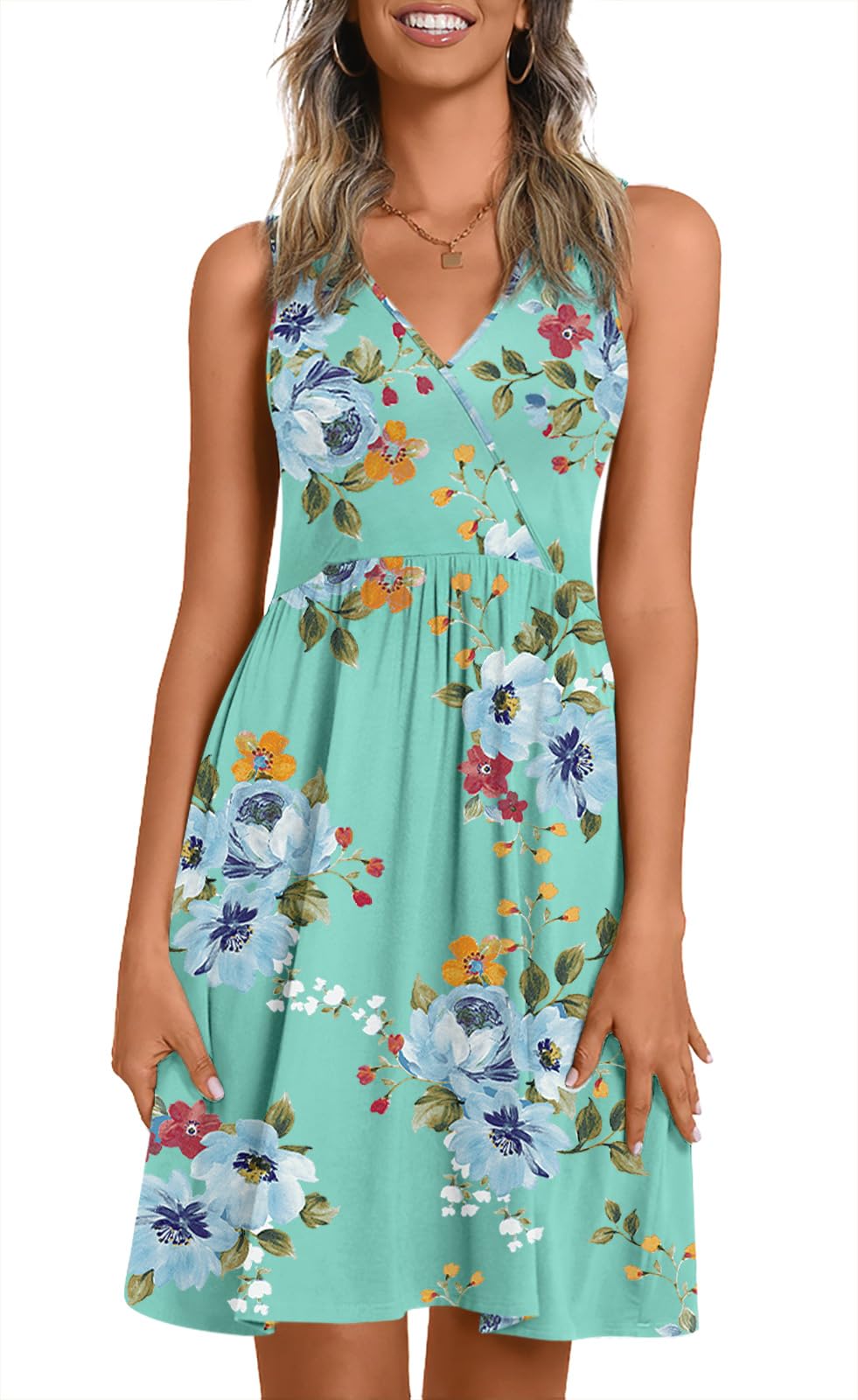 CATHY Women V Neck Sleeveless Dresses with Pockets Summer Sundress S-2XL