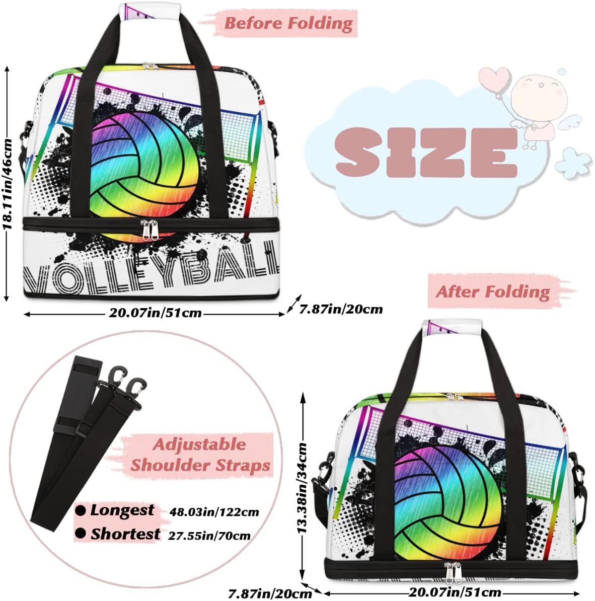 Sports Gym Bag, Volleyball Sport Ball Travel Duffel Bag with Shoes Compartment Waterproof Overnight Bag Workout Weekender Bag Boys Girls Yoga Dance Bag Gym Tote Bag for Women Men