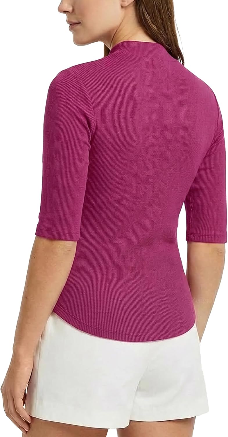 Zengjo Womens Mock Turtleneck Elbow Sleeve Tops - Fitted Stretch Ribbed Shirt for Work & Casual Wear - Image 4