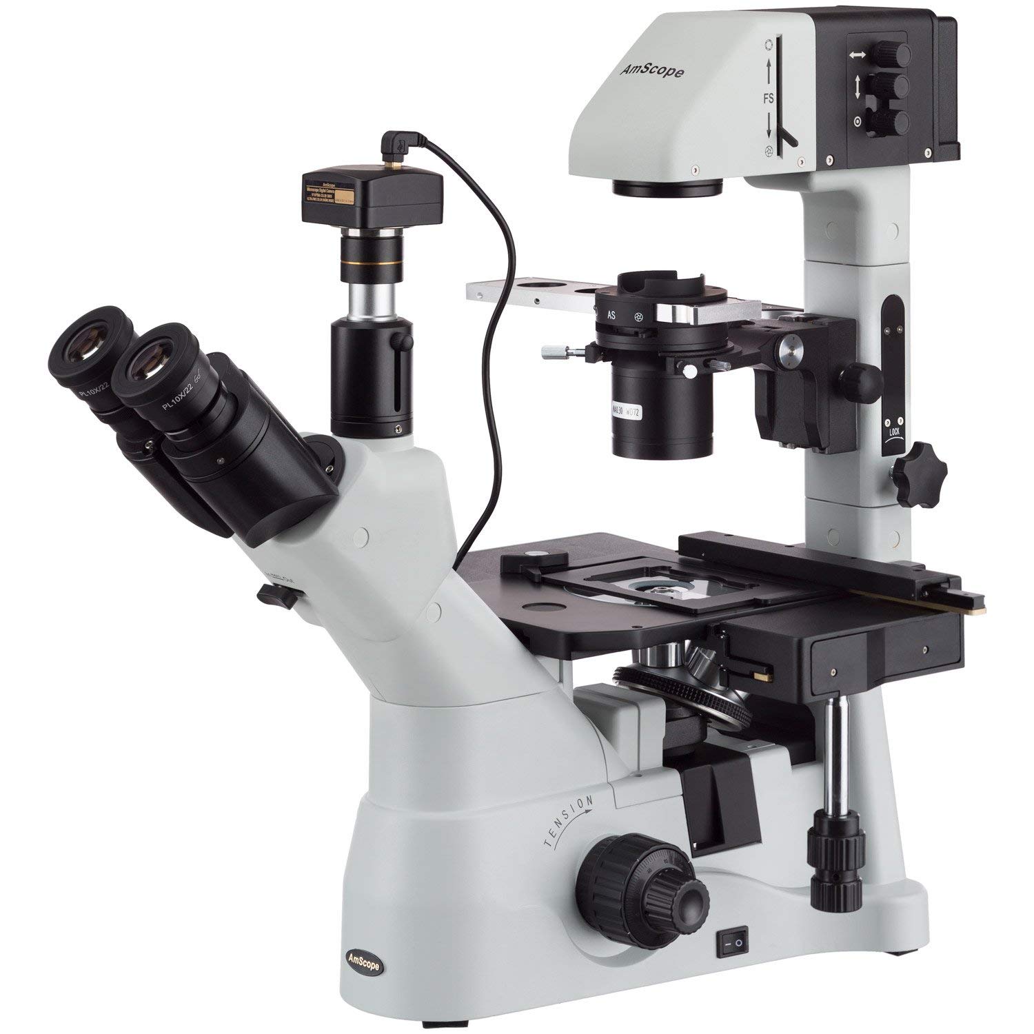 AmScope IN480TC-3M Digital Long Working-Distance Inverted Trinocular Microscope, 40x-1500x, WH10x Plan and WH25x Super-Widefield Eyepieces, Brightfield and Phase-Contrast Objectives, 30W Halogen Illumination, 0.3 NA Kohler Condenser, Mechanical Stage, 90 to 240V, Includes 3MP Camera with Reduction Lens and Software