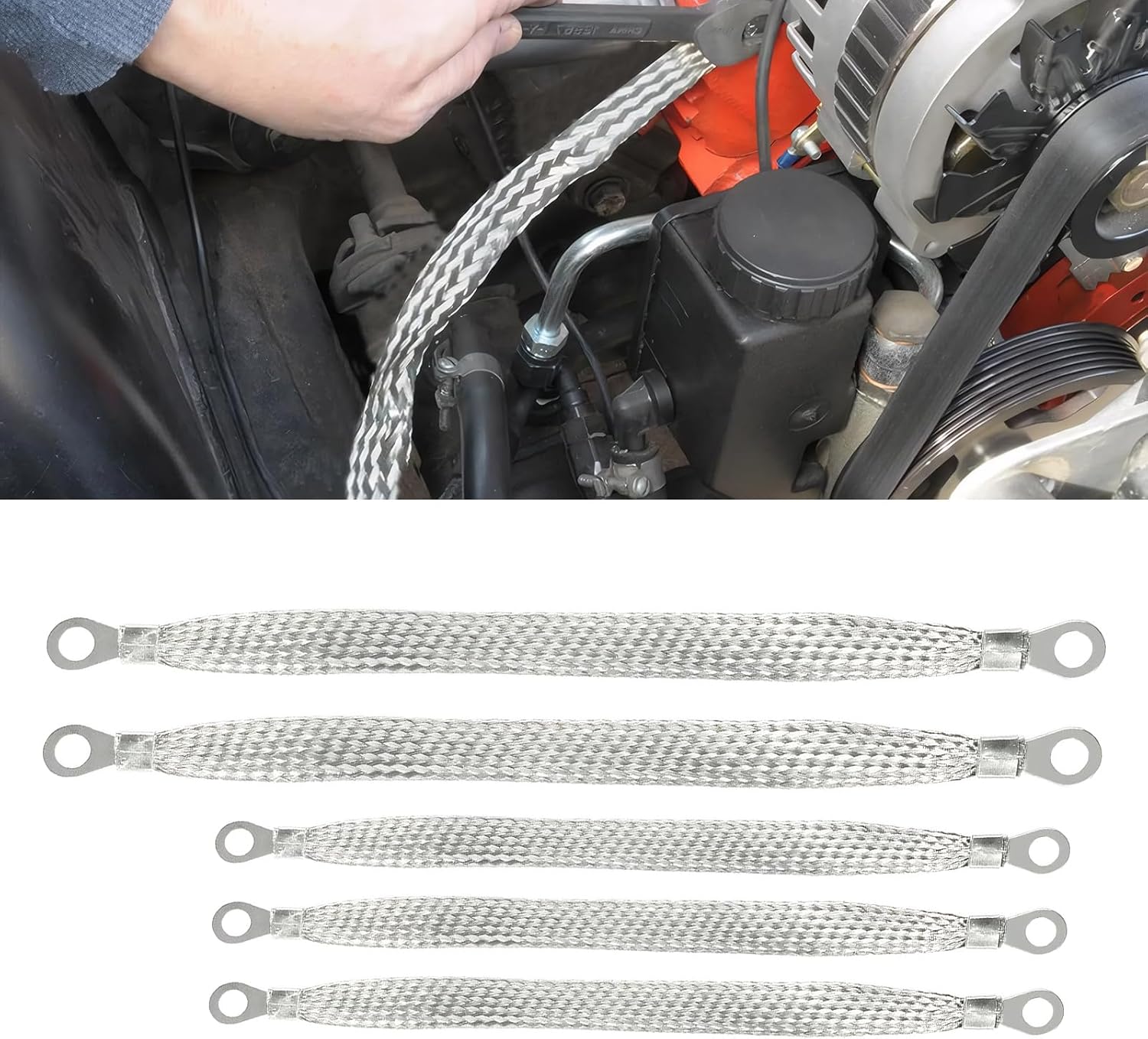 5 PCS Car 3 Pcs 10" + 2 Pcs 13" Engine Ground Strap Kit, Metal Flat Braided Tensile Resistant Ignition Coil Ground Strap, Repair Replacement Accessories, for Most Cars Trucks (Silver)