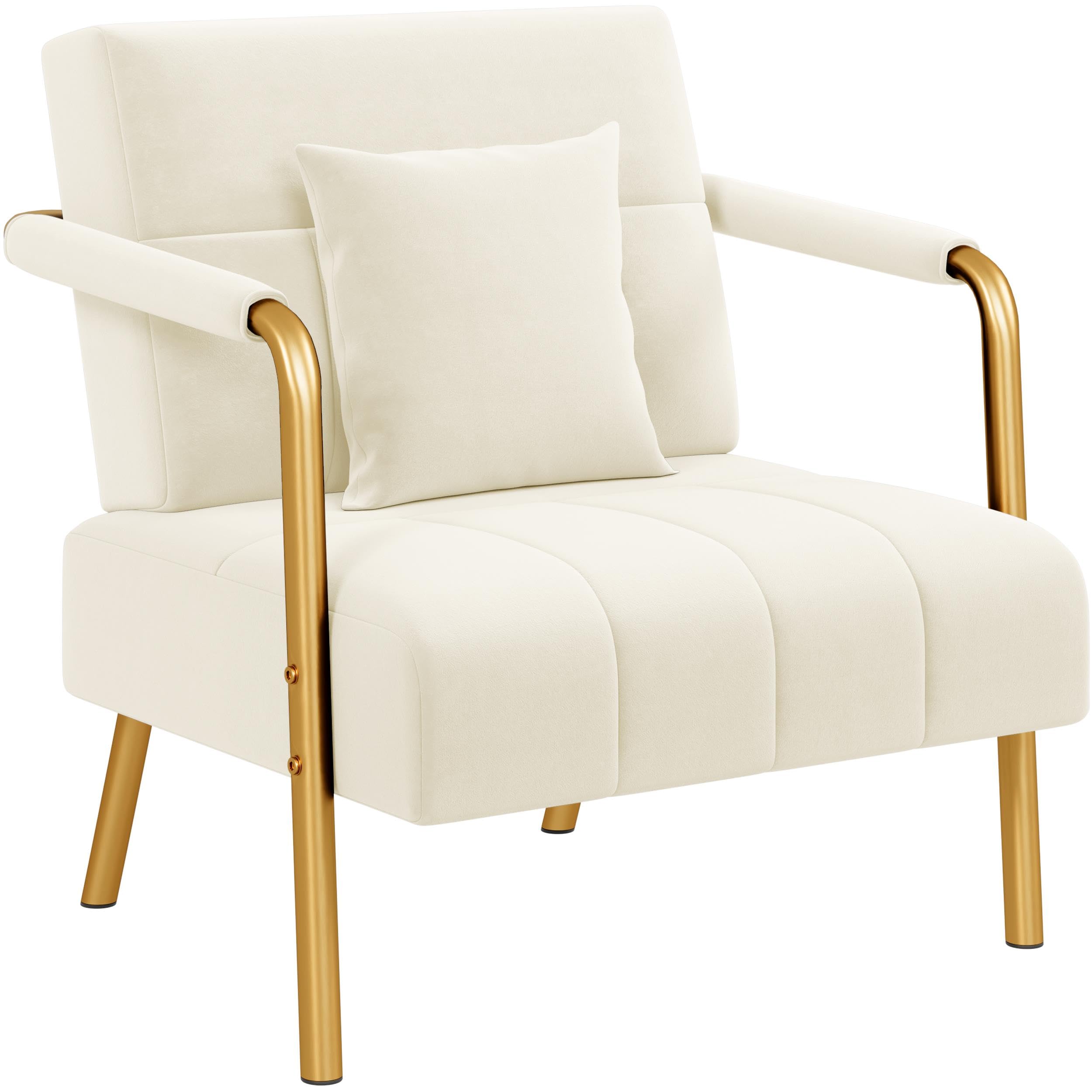 Abician Fauteuil de Salon en Velours Chaise d'appoint Relaxation avec Coussin Carré Fauteuil de Relax Cadre en Métal Doré pour Chambre à Coucher Salle d'attente Bureau Beige