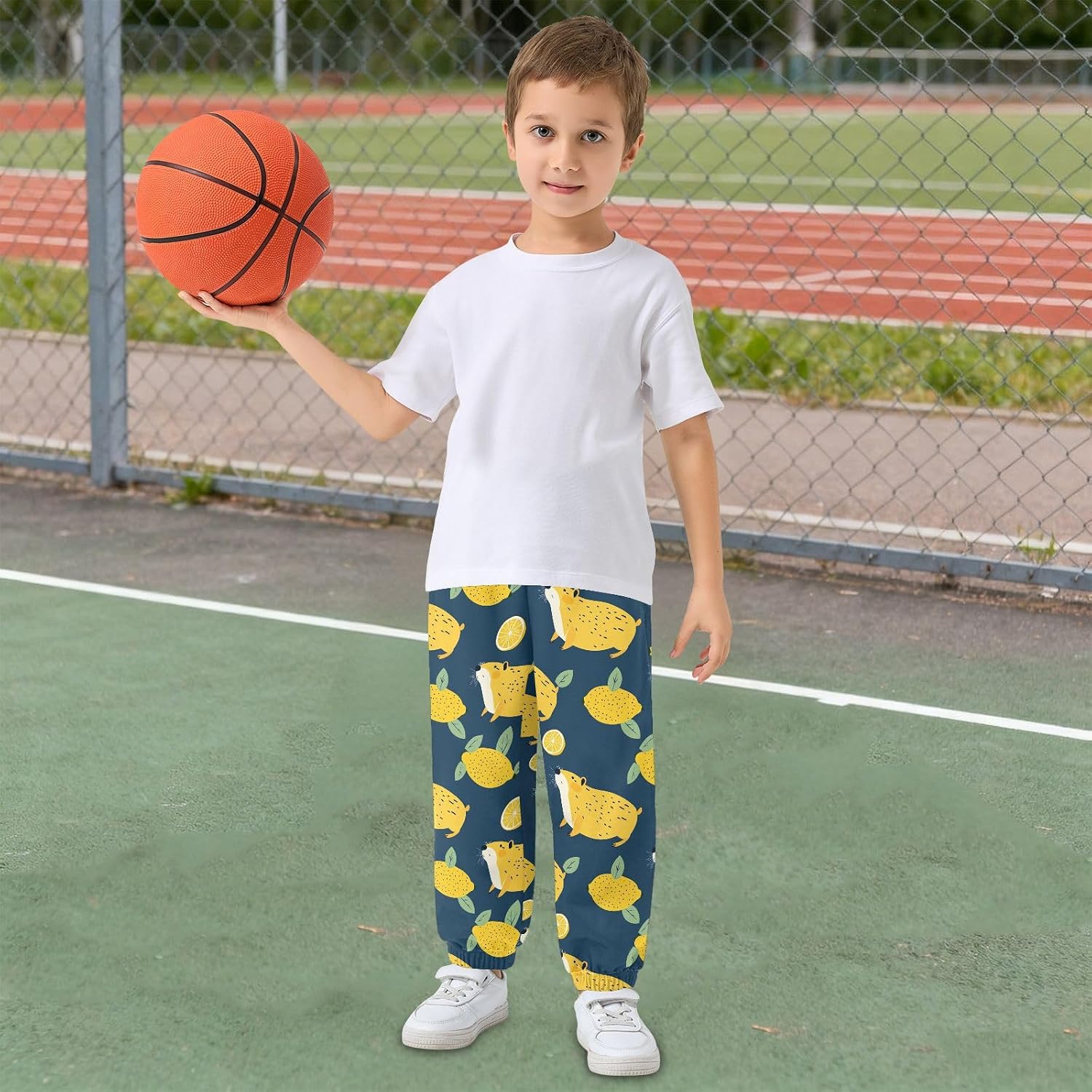 Boy Sweatpants Yellow Capybara Lemon Leaf Joggers Casual Athletic Pants Kids Elastic Waist Cuffed with Pockets