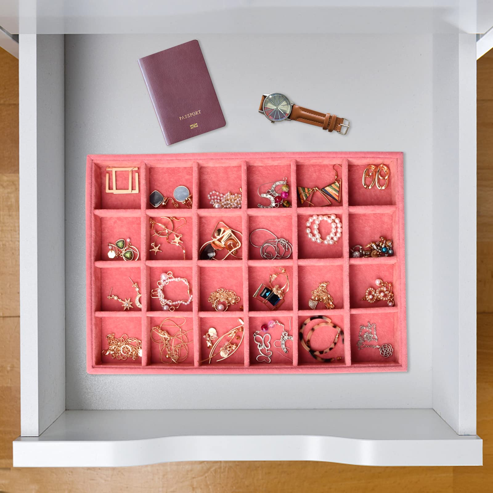 Set Di 4 Vassoi Per Gioielli Impilabili In Velluto - Organizer Per Orecchini, Collana, Bracciale - Espositore Per Gioielli (Grigio - Foto 3