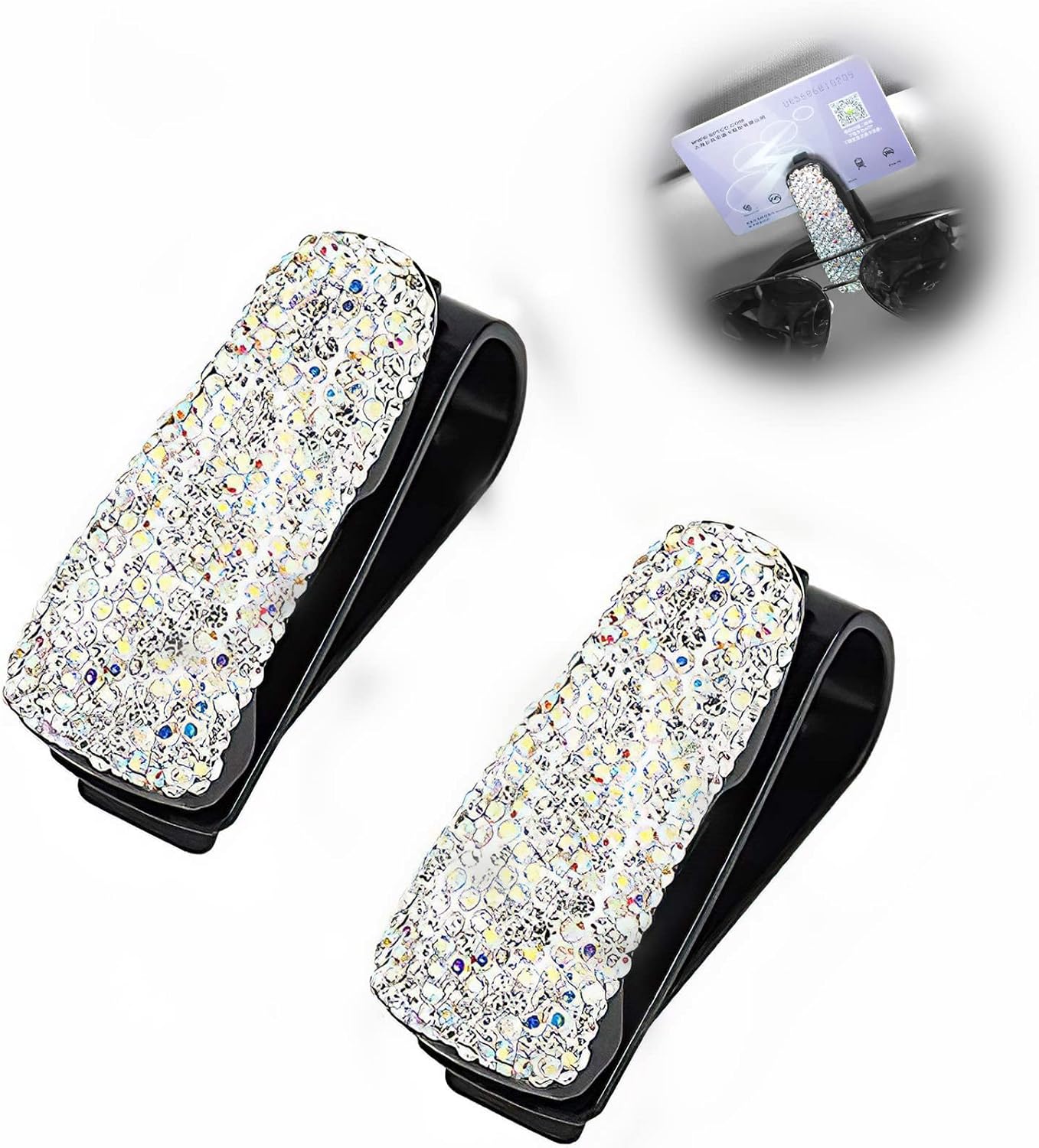 FineFun Glasses Holders for Car Sun Visor 2 Pack, Bling Bling Diamond Sunglasses Eyeglasses Mount with Ticket Card Clip (White)