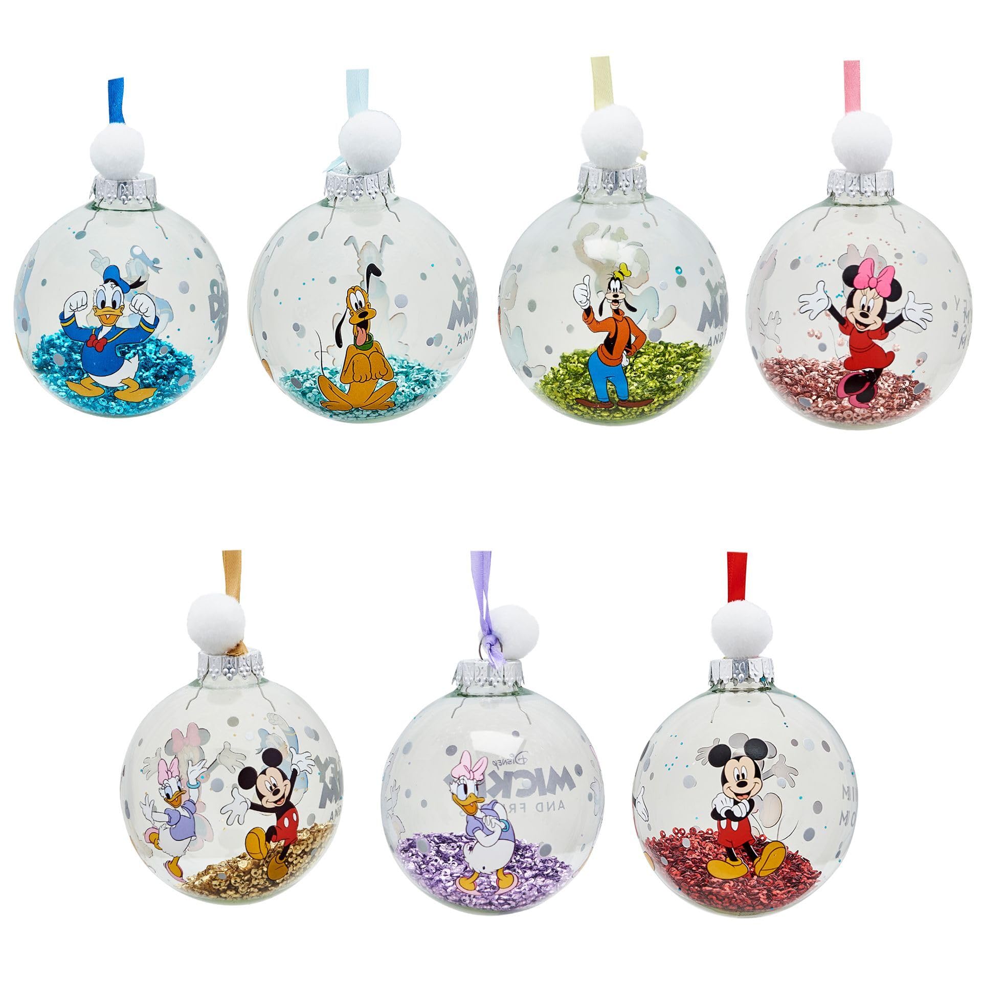 Disney – Juego de 7 bolas para árbol de Navidad – Mickey & Friends – Mickey & Minnie Mouse, Donald & Daisy Duck, Goofy & Pluto – Producto oficial – Adorno de Navidad.
