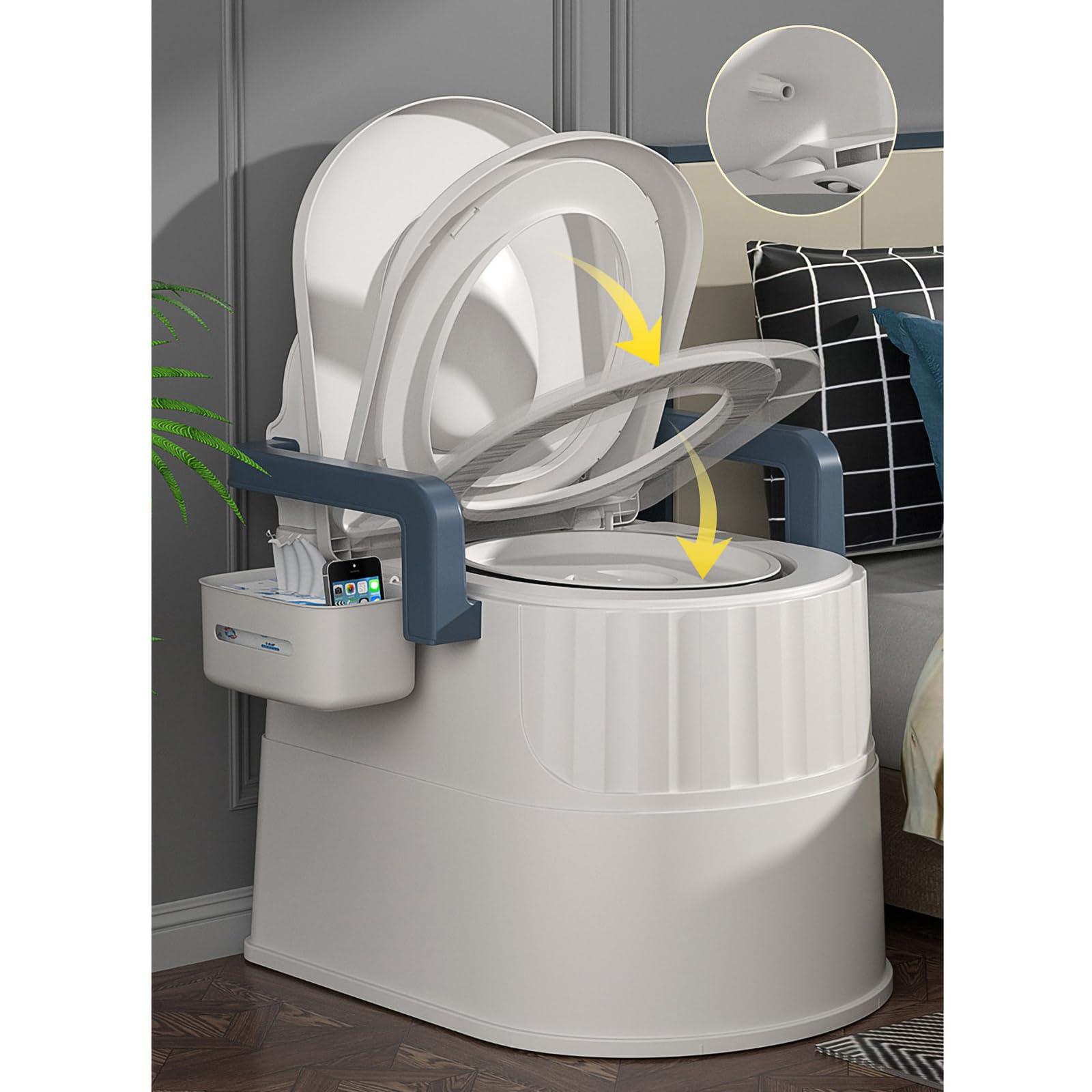 Inodoro móvil para Ancianos, Inodoro en Cuclillas para Dormitorio, Inodoro portátil para Acampar, con 2 cuñas para Adultos, Ancianos y Embarazadas,White