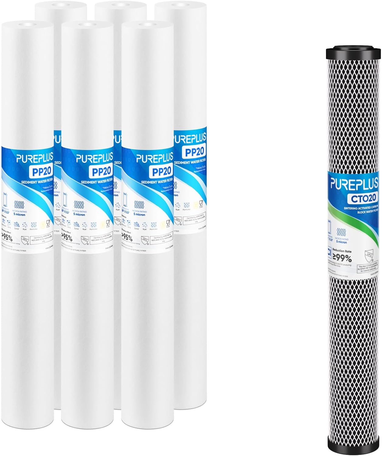 PUREPLUS 5 Micron 2.5" x 20" Whole House CTO Carbon Sediment Water Filter 1PACK and 20"X2.5" 5 Microns Whole House Sediment RO System Water Filter 6PACK