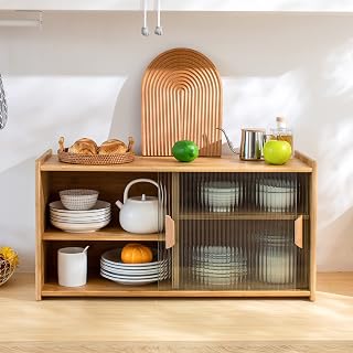 HollyHOME Bamboo Wall Mounted Kitchen Pantry Sideboard & Adjustable Shelves | Adjustable Shelf, Dual Placement, Sliding Glass Doors, Small Storage Cabinet For Kitchen, Mini Bar & Dining Room, Burlywood